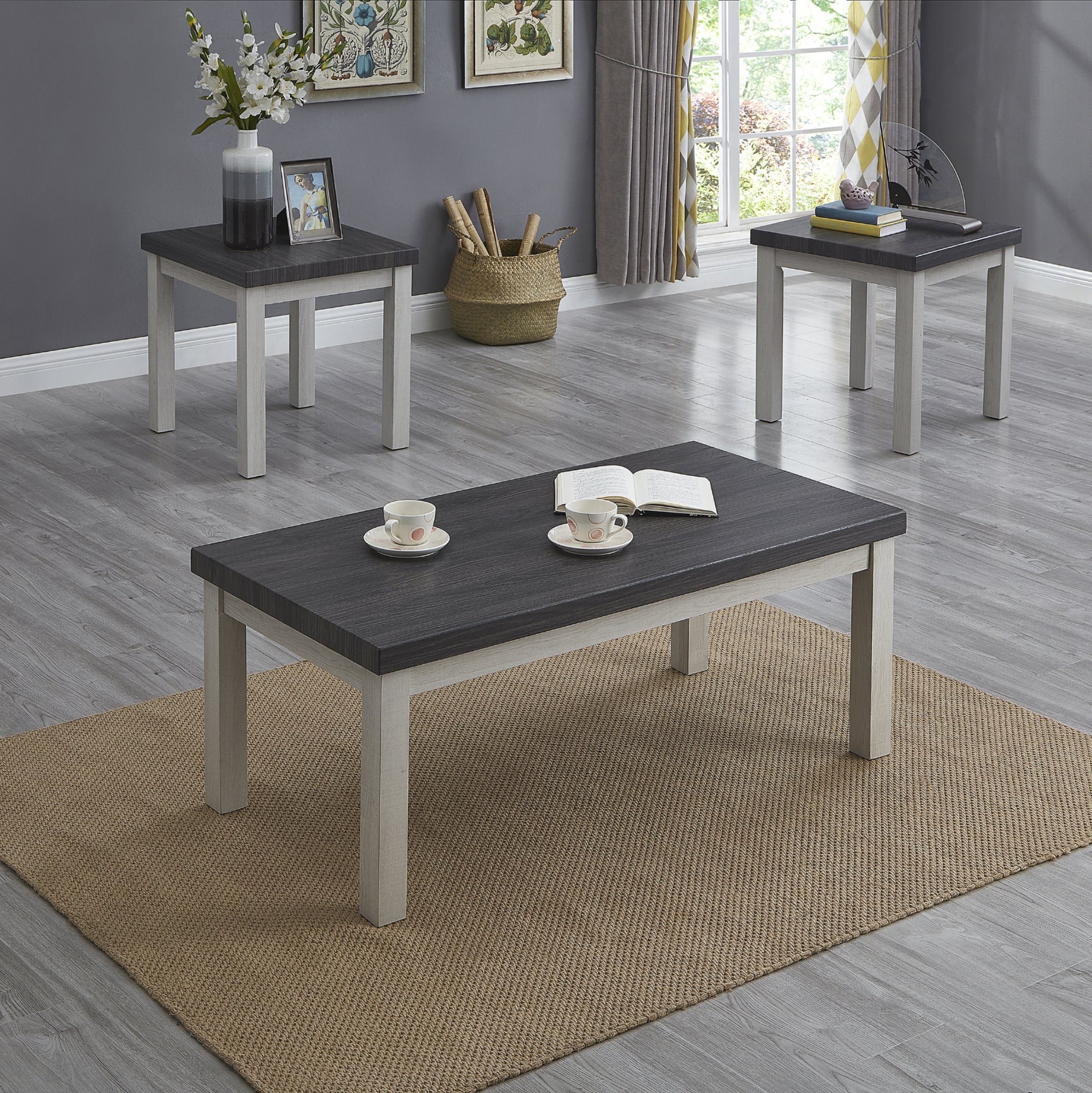 Ronan Two-Tone Wood 3-Piece Living Room Table Set - Coffee Table & End Tables - Modern Farmhouse Style for Living Room, Lounge & Family Room Decor