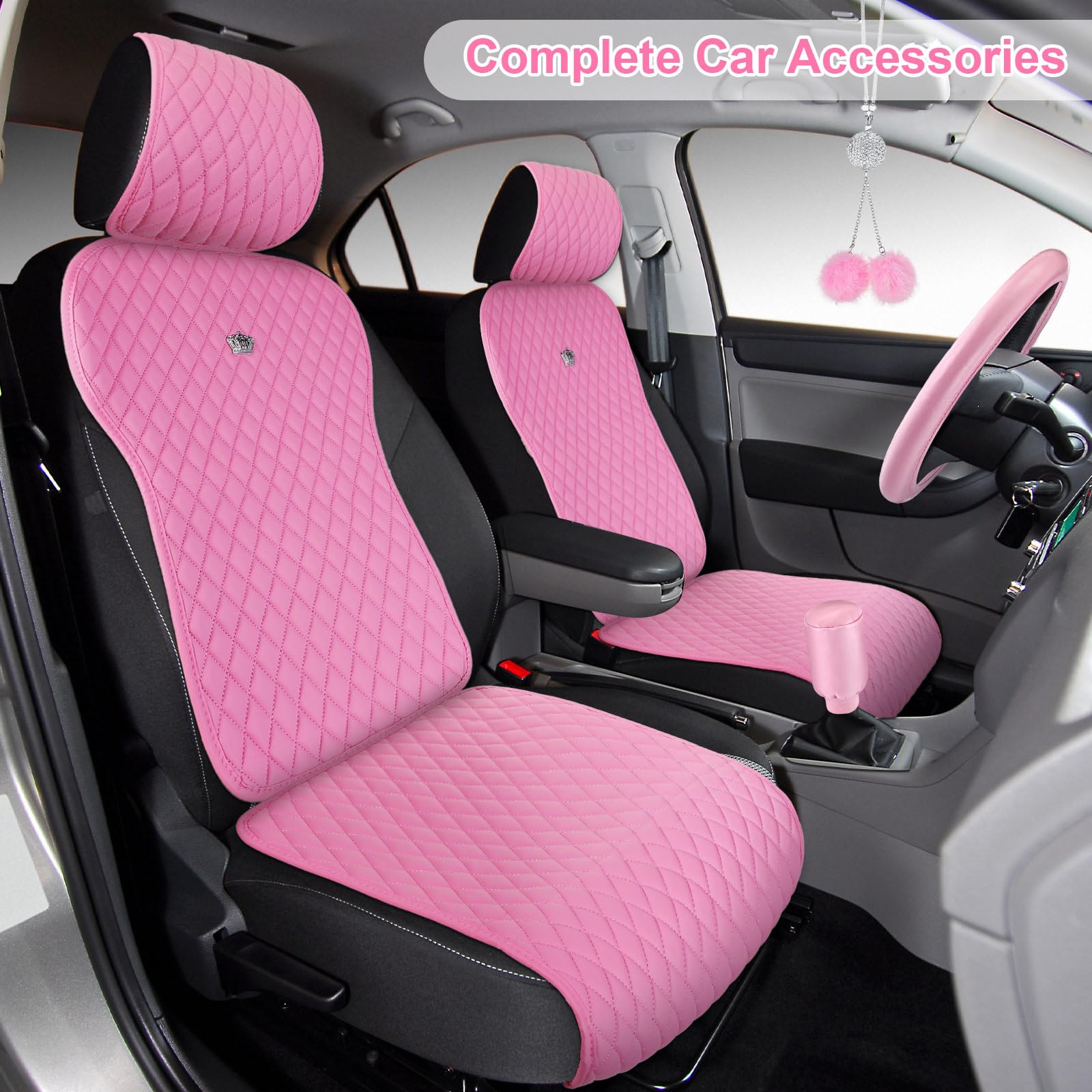 15-Piece Pink Leather Car Accessories Set - Seat Covers, Steering Wheel Cover, Seat Belt Pads & Mirror Hanging Decor | Luxury Interior Upgrade for Women's Cars (Perfect Gift for Valentine's Day & Car Enthusiasts)