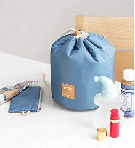 Awestuffs Large Barrel Shaped Travel Cosmetic Bag - Hanging Toiletry Organizer with Drawstring, Mini Zipper Jewelry Pocket & Clear PVC Pouch for Makeup Brushes (Blue) - Perfect for Travel, Camping, Gym & Daily Cosmetics Storage