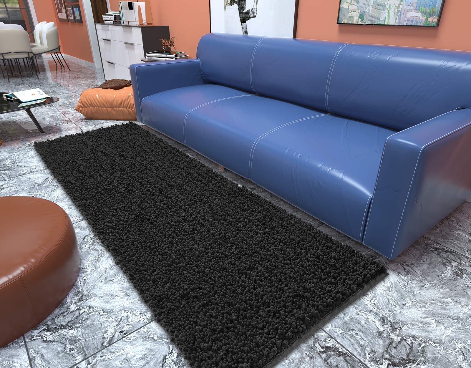 Yimobra Extra Soft Chenille Bath Rug Mat - 55.1 x 24 Inch Large Non-Slip Shaggy Bathroom Mat | Super Absorbent Microfiber Bath Mat for Floor, Tub & Shower | Machine Washable | Black | Perfect for Bathroom Safety and Luxury Comfort