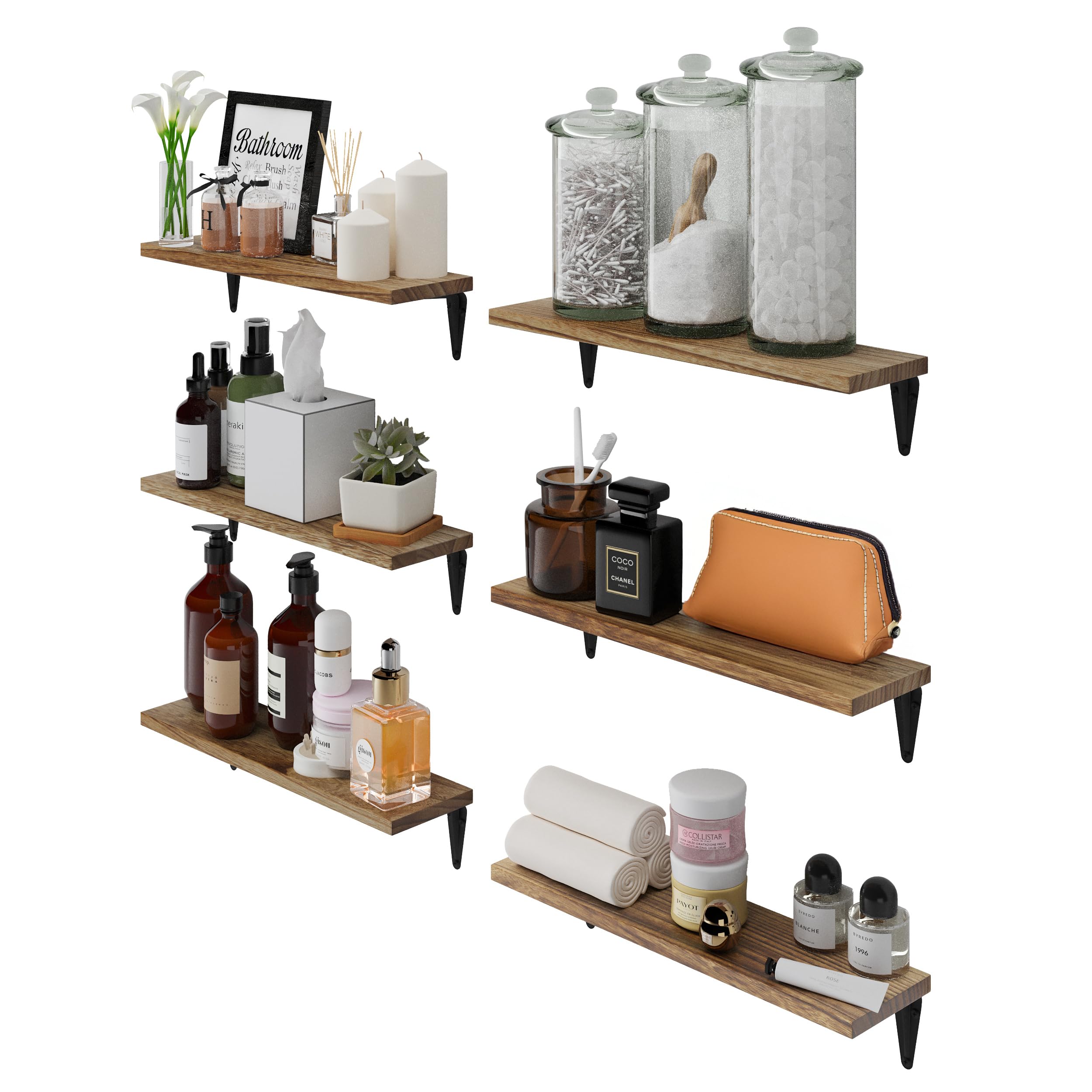 Wallniture Arras Floating Shelves Set of 6 - Rustic Wood Wall Shelves for Bedroom, Living Room & Office Decor - Perfect for Displaying Books, Photos & Decorative Items