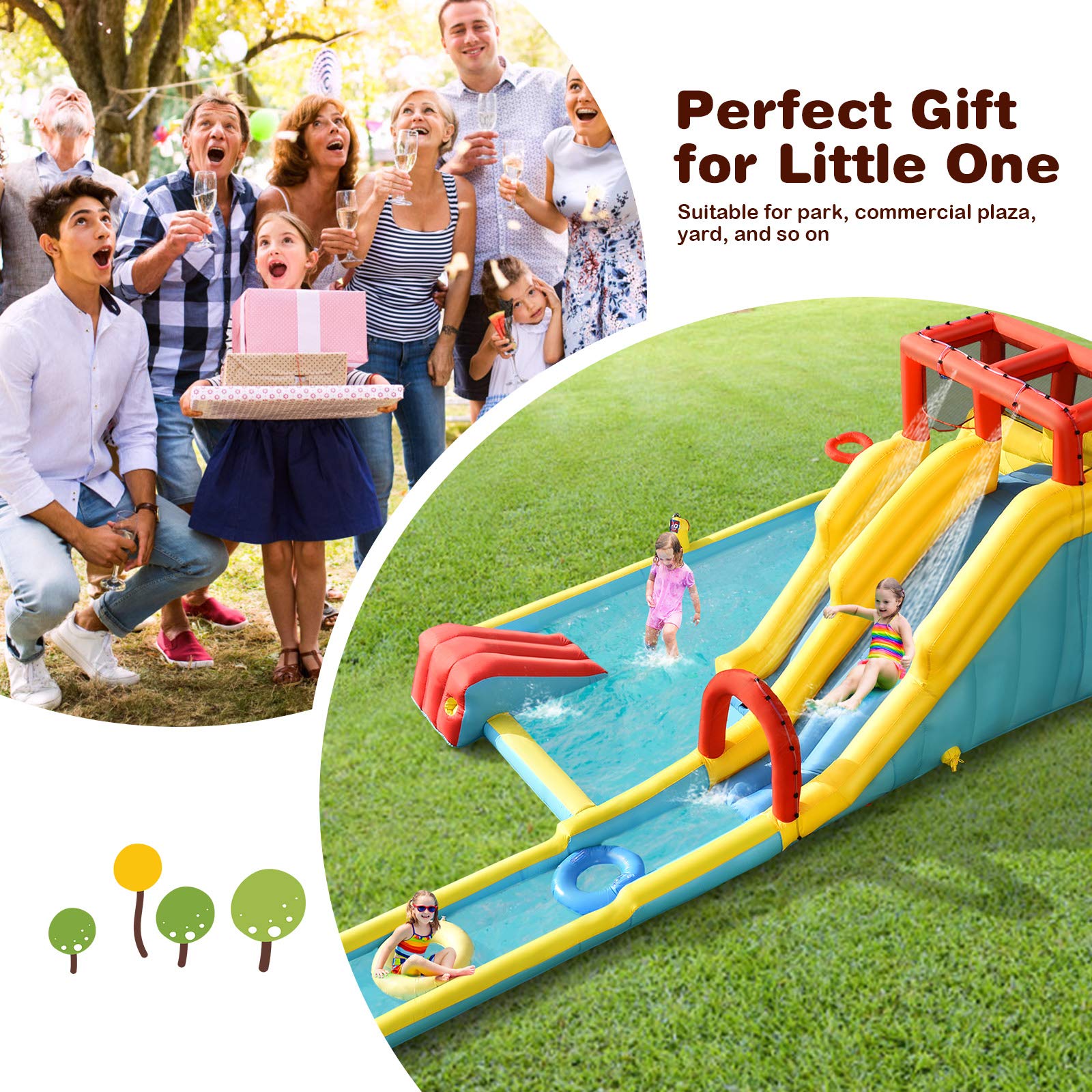 OLAKIDS Inflatable Water Slide - 7-in-1 Bounce House with Dual Slides, Climbing Wall, Splash Pool, Basketball Hoop & Water Blaster | Outdoor Water Park for Backyard, Birthday Parties & Summer Fun | Includes Carry Bag, Repair Kit & Water Hose