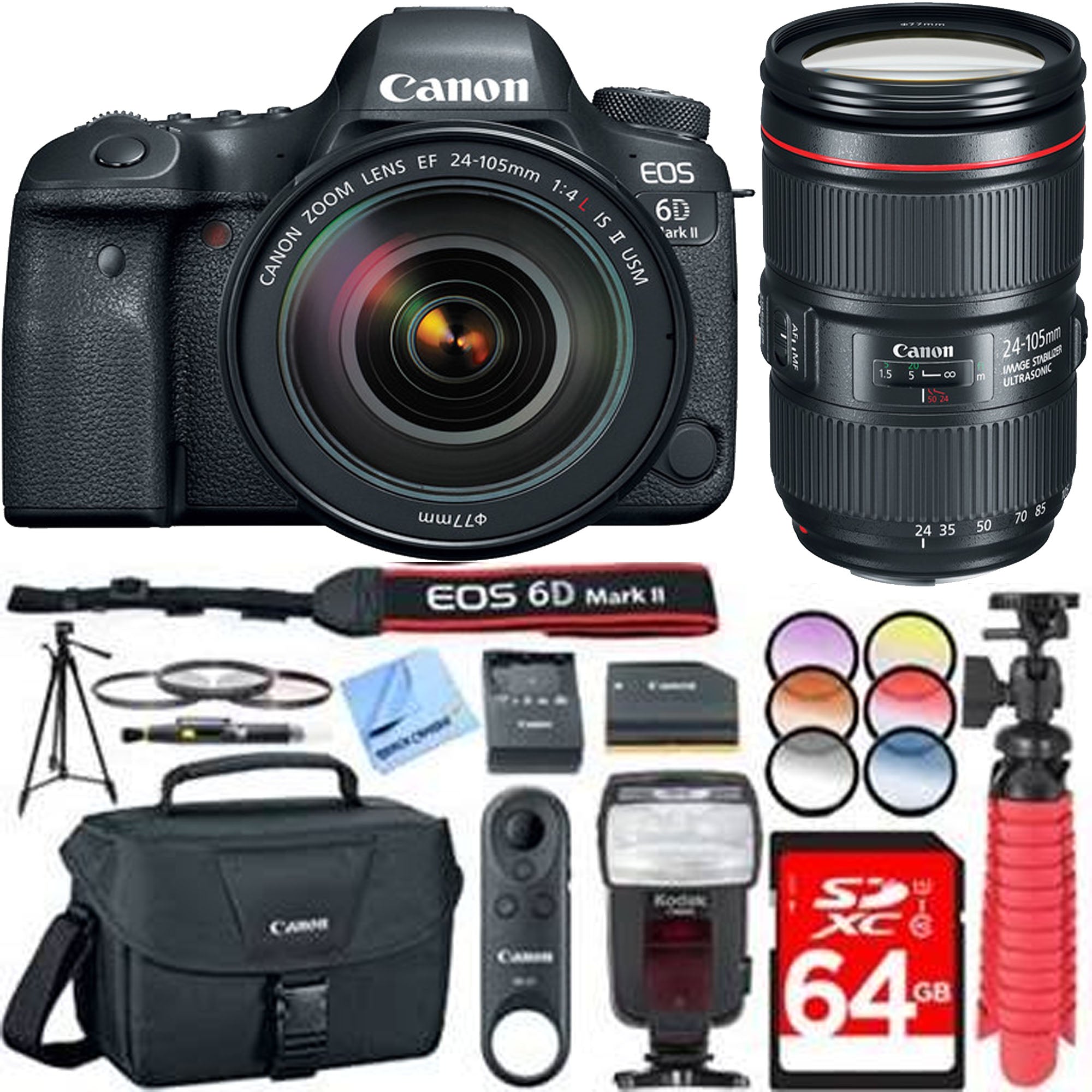 Canon EOS 6D Mark II DSLR Camera with 24-105mm f/4L II Lens Kit - Includes SanDisk 64GB Card, Filters & Accessories Bundle - Perfect for Professional Photography & Travel Videography
