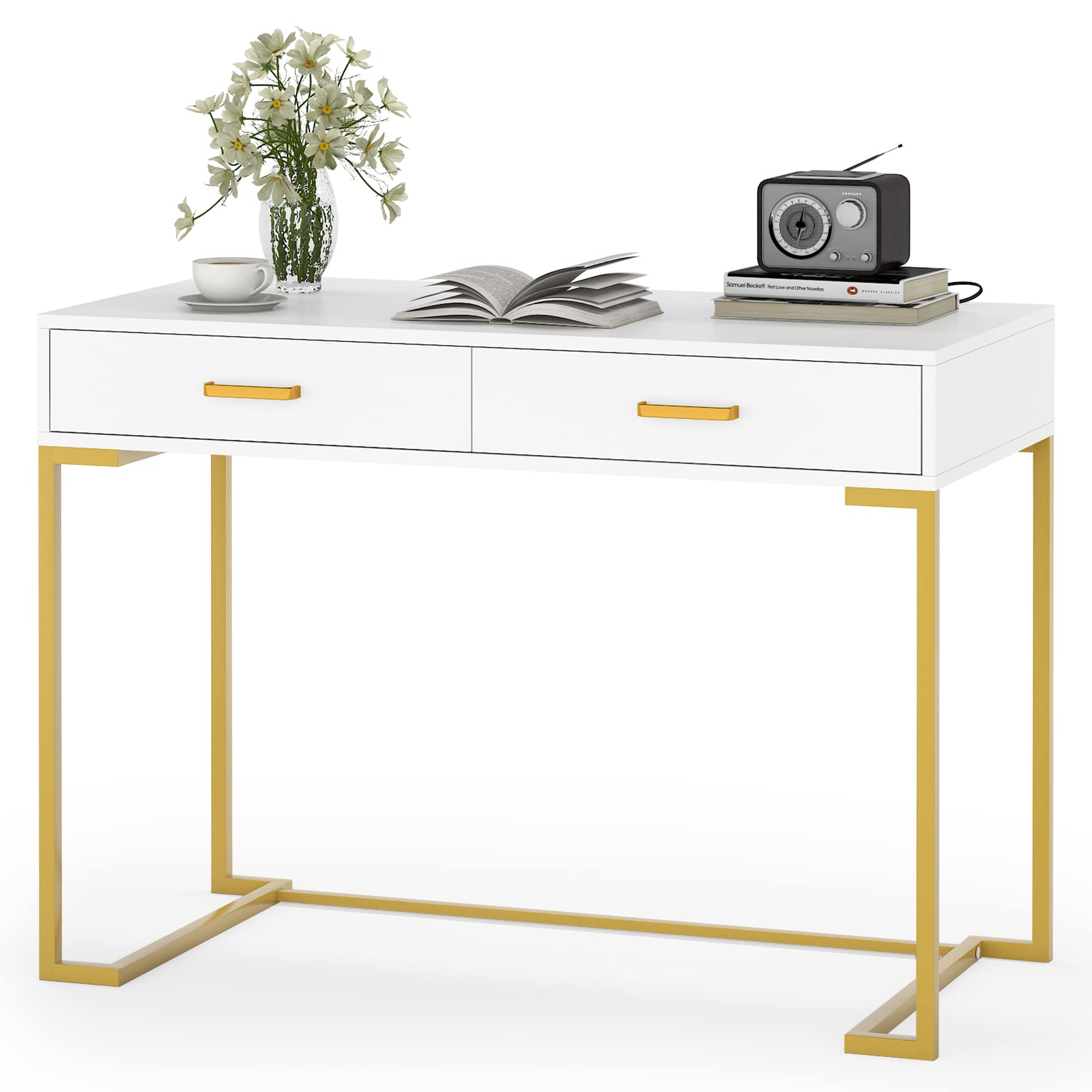 Tribesigns Modern White and Gold Computer Desk with 2 Drawers - Wood Top & Metal Frame, Home Office Writing Desk for Small Spaces, Bedroom or Study - Perfect for Remote Work, Online Classes & Gaming Setup