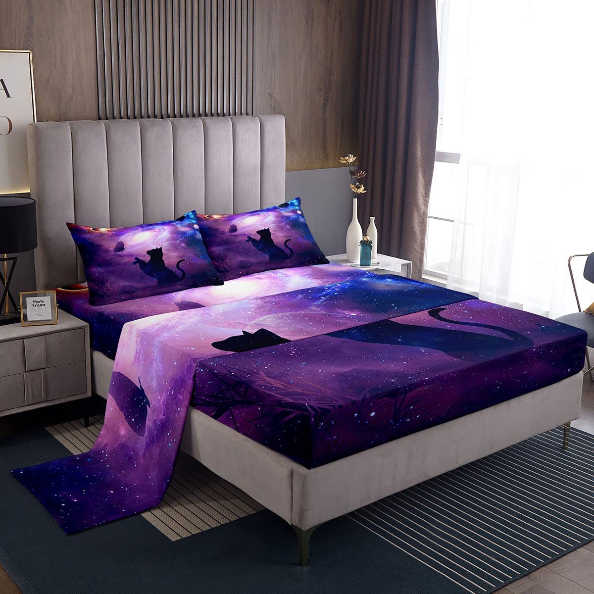 Galaxy Universe Cat Butterfly Twin Sheet Set - 3 Piece Soft Bedding for Kids & Teens (Fitted Sheet, Flat Sheet, Pillowcase) - Purple Animal Print Starry Sky Decor - Perfect for Bedrooms, Dorms & Sleepovers