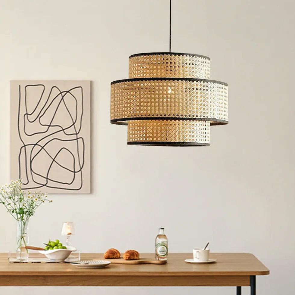 Rattan Double Layer Cylindrical Pendant Light - Natural Woven Hanging Lamp for Dining Room, Kitchen Island & Bedroom Lighting