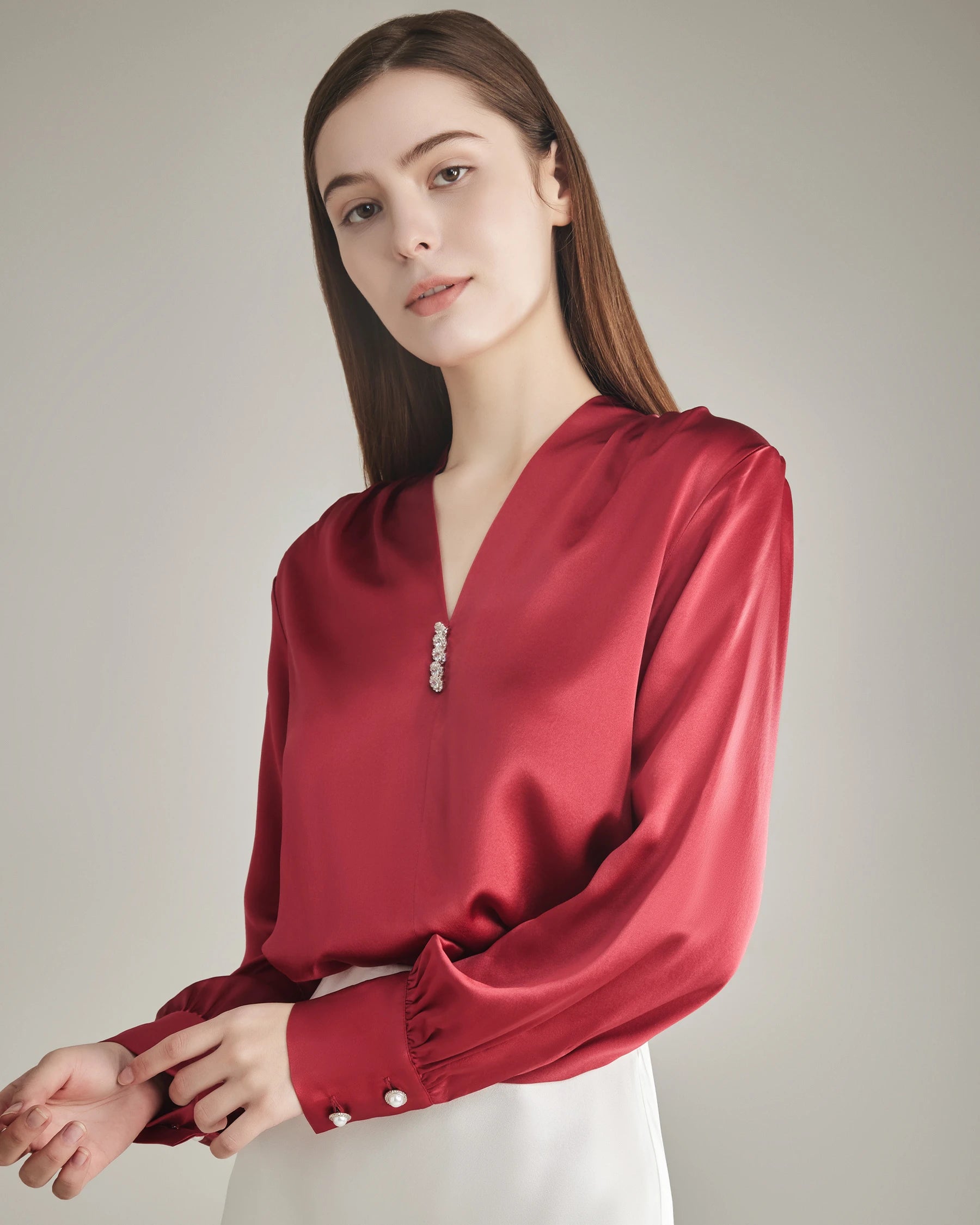 Elegant Women's Rhinestone Buttons Silk Blouse - Formal & Party Wear for Office, Dinner & Special Occasions