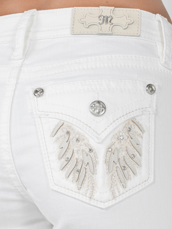 Miss Me M5082H159 Women's Mid Rise Embellished Wing Shorts - White Denim Shorts for Casual Wear & Summer Outfits