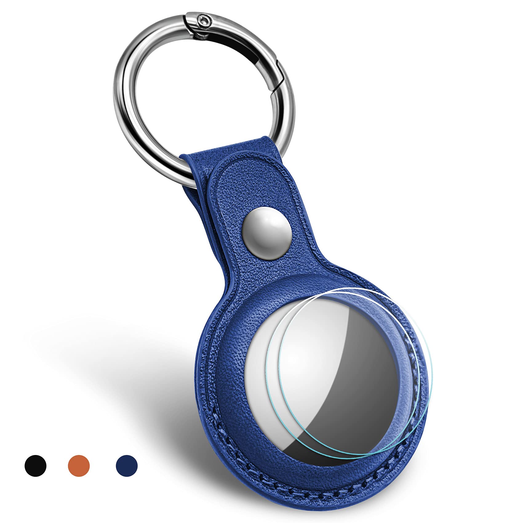 JMORK Genuine Leather AirTag Keychain Holder - Premium Anti-Scratch Protective Case for Apple AirTag with Key Ring (Blue, 1-Pack) - Perfect for Keys, Wallets, Luggage & Pet Tracking