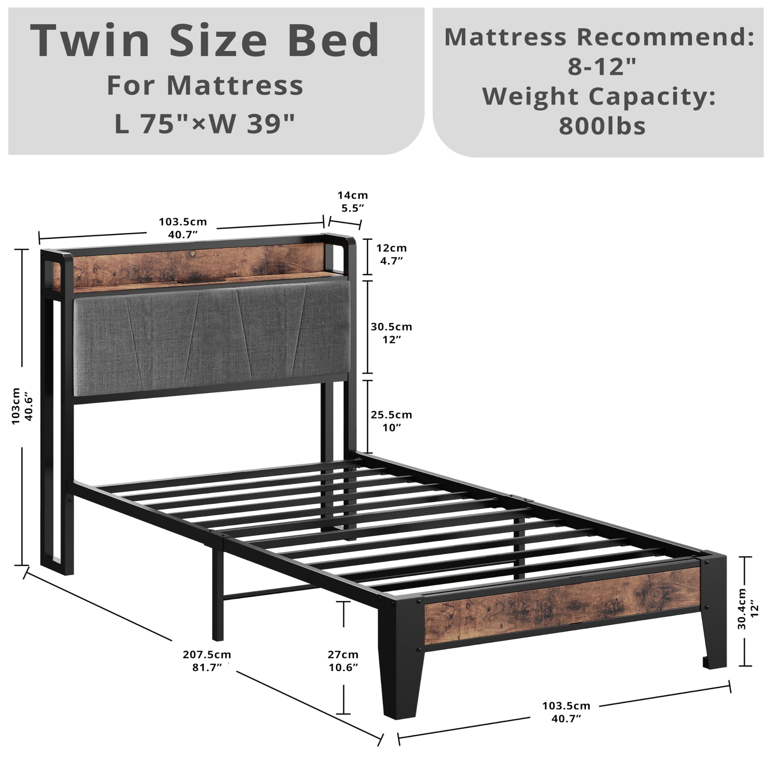 LIKIMIO Twin Bed Frame with Storage Headboard & USB Charging Station - Sturdy, Quiet, No Box Spring Needed, Easy Assembly - Perfect for Small Bedrooms, Guest Rooms & Dormitories