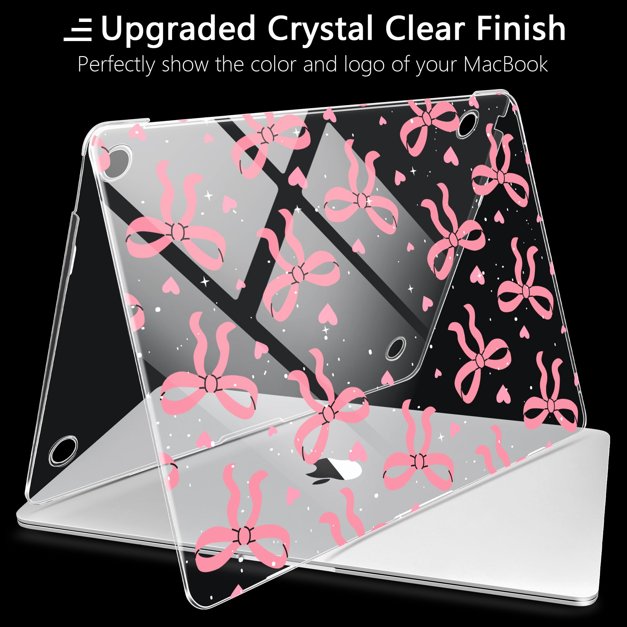MEEgoodo Crystal Clear Hard Shell Case for MacBook Pro 13 inch (M2/M1, A2338/A2251/A2289, 2020-2022) - Flexible Plastic Protective Cover with Pink Bows | Perfect for Office, Travel & School Use