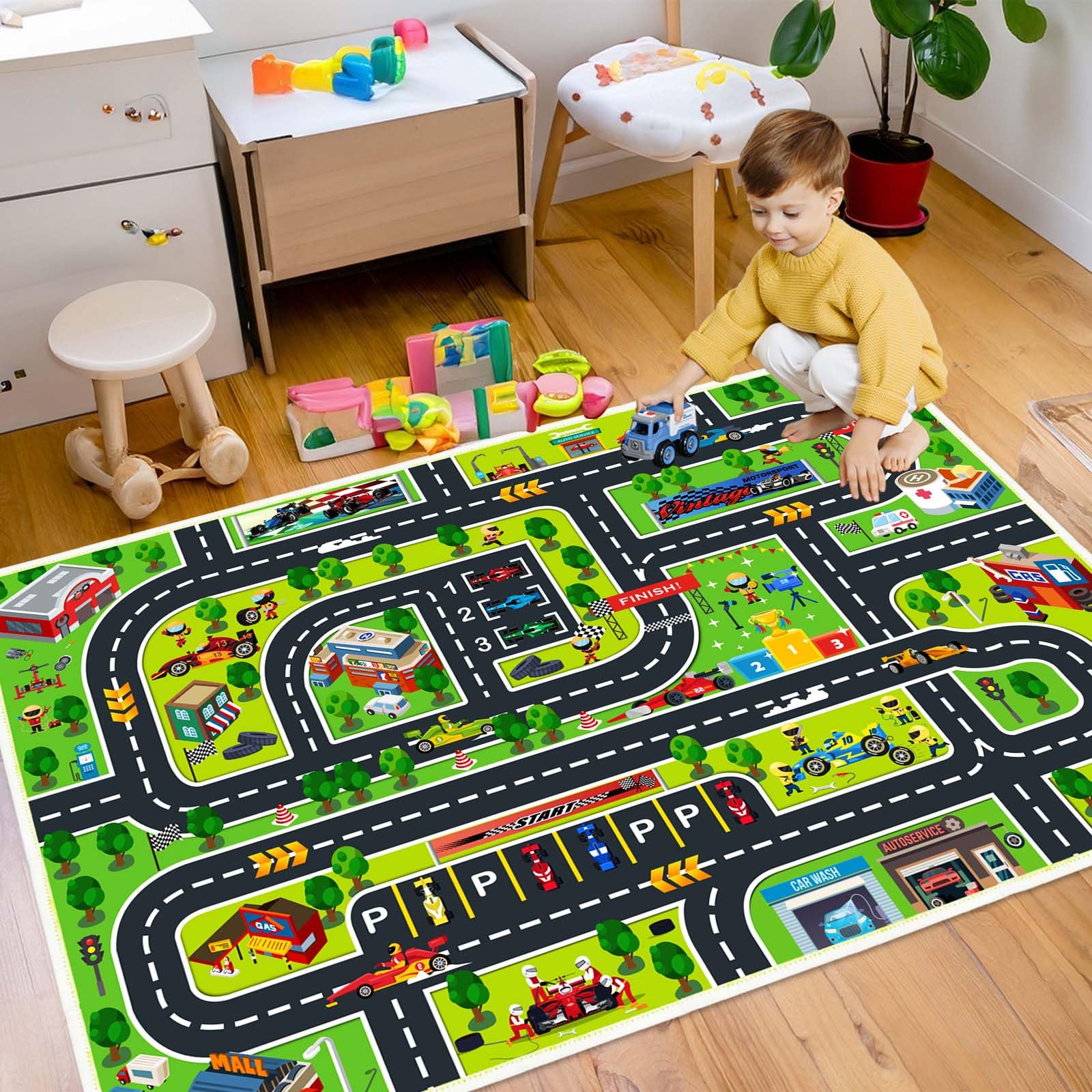 Kids Play Rug - Race Car Game Carpet for Playroom, Classroom & Bedroom | 3.9x5.9ft Non-Slip Floor Mat | Perfect for Pretend Play, Learning & Room Decor