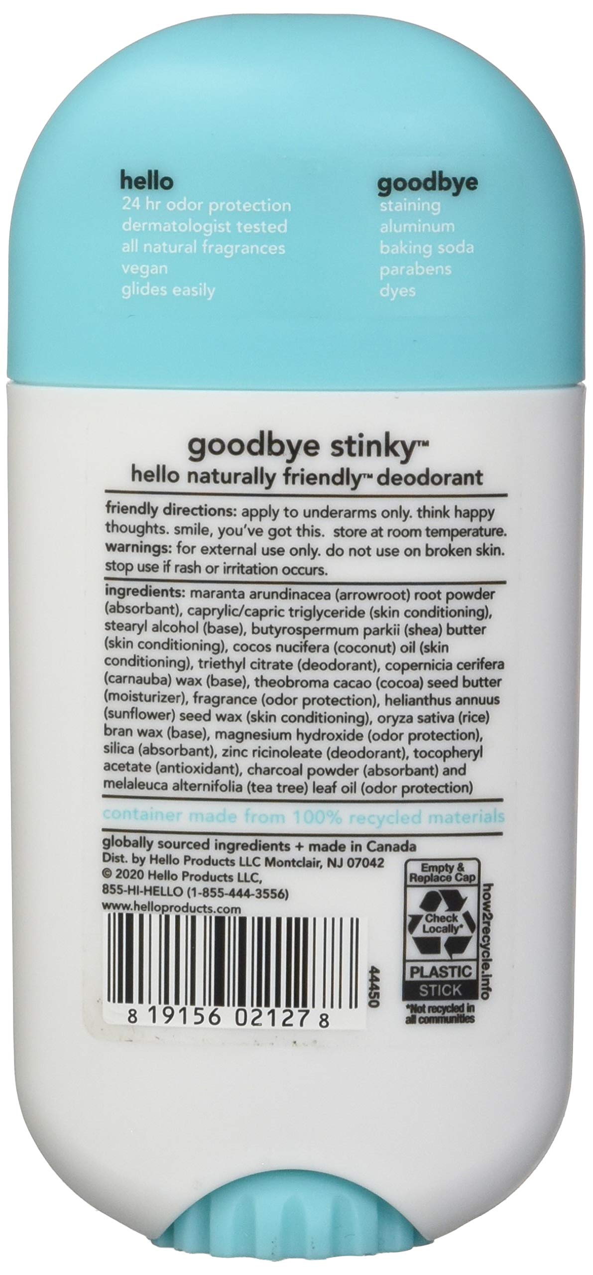 HELLO Activated Charcoal Deodorant for Women & Men - 2.6 oz Natural & Fresh - Odor Protection for Gym, Work & Daily Use