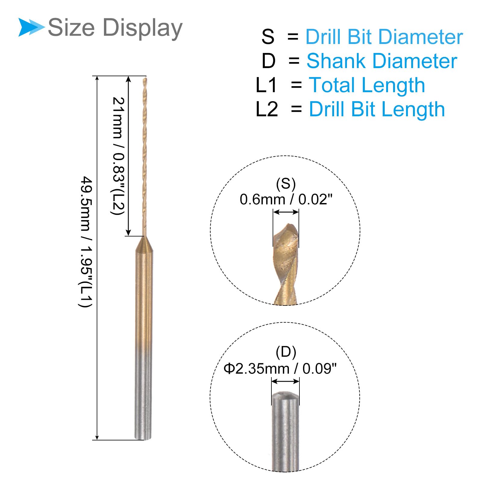 Titanium Coated Mini Drill Bit Set - 0.6mm Drill Diameter & 2.35mm Shank Diameter for Precision Engraving - Perfect for Plastic, Woodworking, Jewelry Making and DIY Crafts (2-Piece)