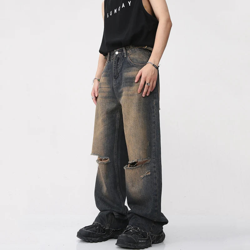 Vintage American Style High Waist Men's Jeans - Wide Leg Denim Pants with Gradient Wash | Straight Fit Summer Casual Trousers for Streetwear Fashion (Style 9A8592) | Perfect for Urban Outfits, Music Festivals & Retro Looks