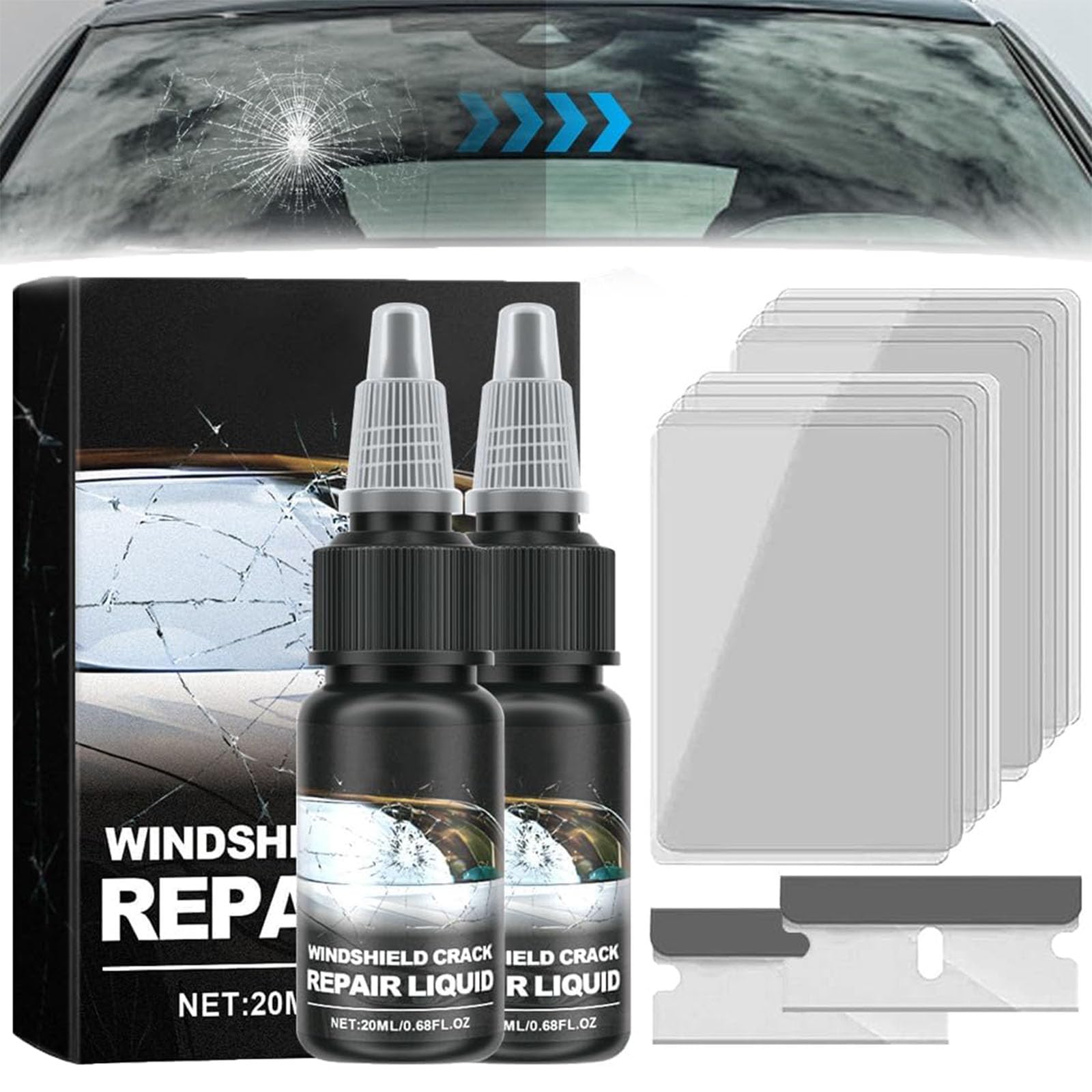 Upgrade Windshield Crack Repair Kit - 2PCS Car Glass Repair Glue for Windshield & Window Crack, Chip, Scratch Fix - DIY Auto Glass Repair Solution for Cars, Trucks, SUVs (Perfect for Road Trips & Daily Commutes)