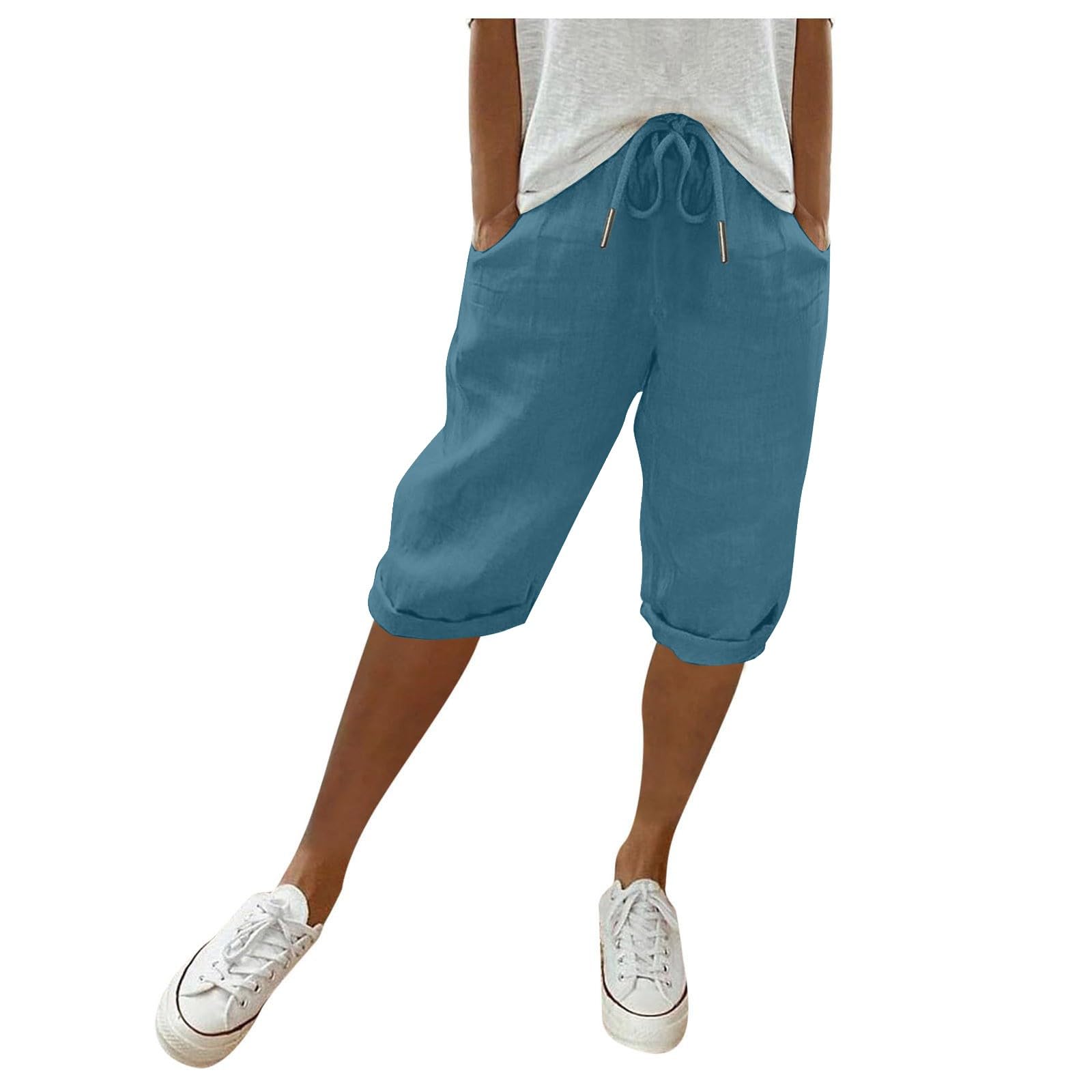 Women's Linen Bermuda Shorts - High Waisted Summer Shorts with Pockets for Beach & Lounge