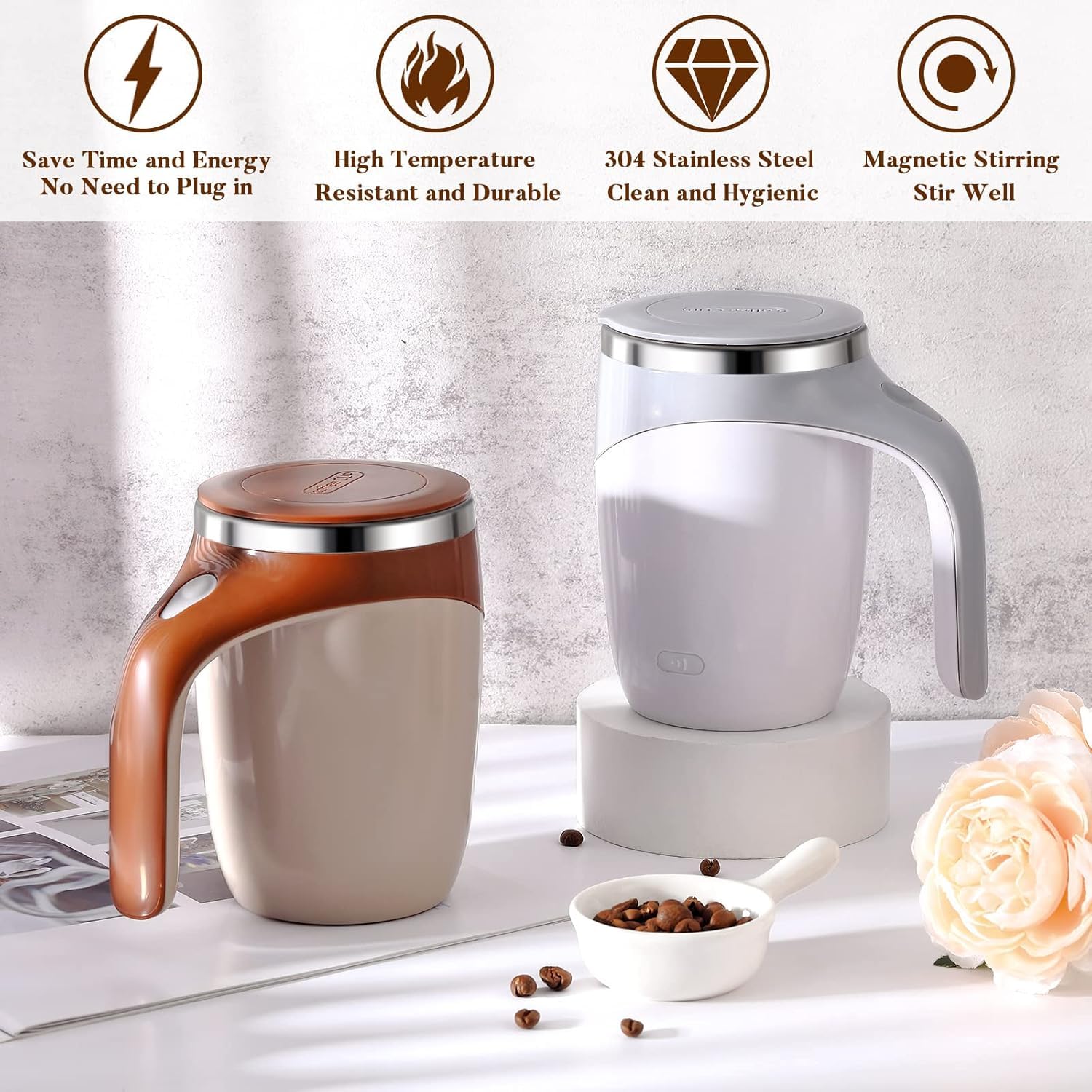 **Self Stirring Coffee Mug - Rechargeable Electric Automatic Stirring Cup for Coffee, Tea & Milk - High-Speed Magnetic Mixing Mug for Office & Home Use - Perfect for Lazy Mornings & Quick Beverage Prep (White, Battery Included)**