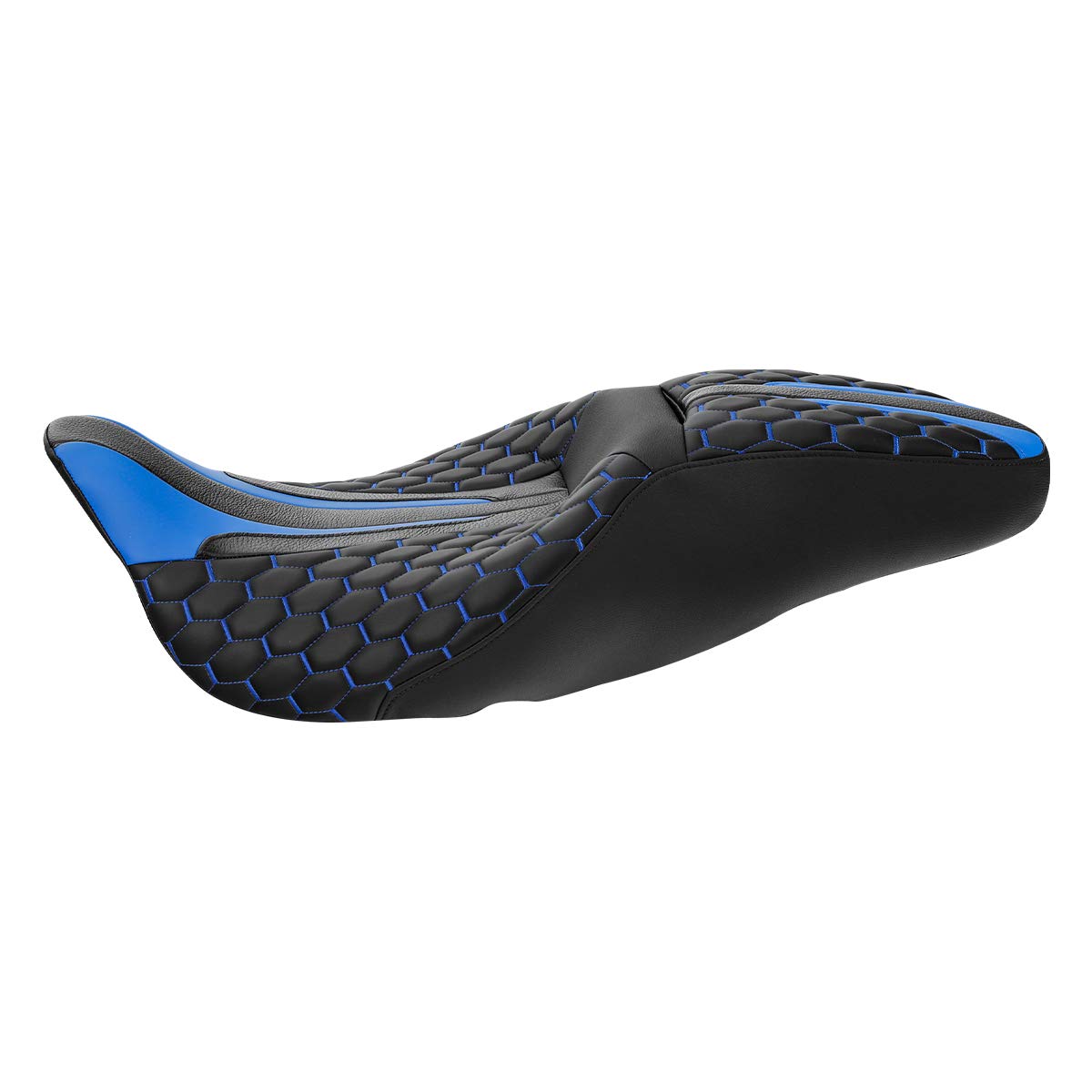 Hexagon Stitched Low-Profile Touring Seat for Harley Davidson Road King, Street Glide, Road Glide, Electra Glide CVO (2009-2020) - Comfortable Blue Motorcycle Seat for Long Rides & Cruising