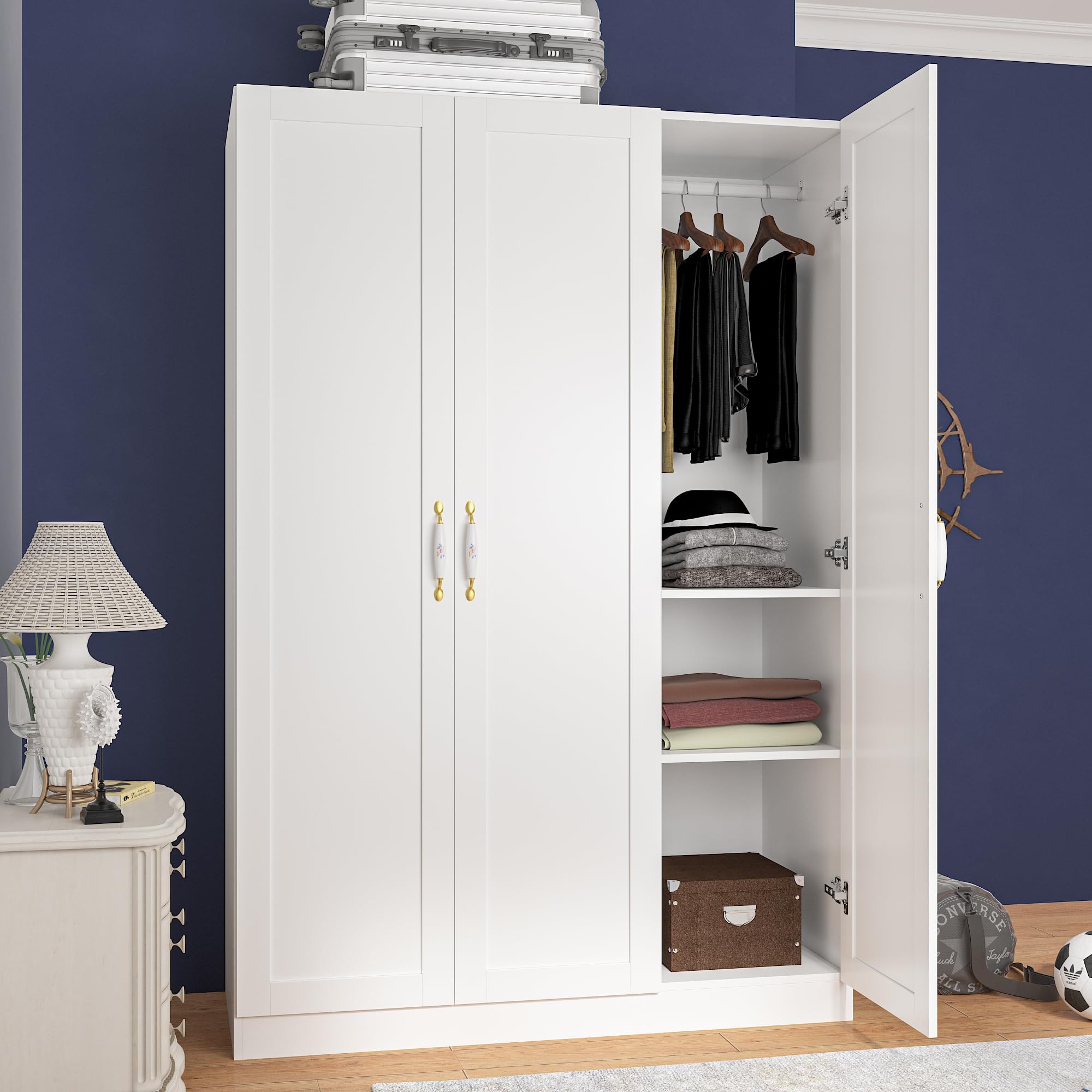 Homsee White Wooden Wardrobe Armoire Closet - 3 Doors, 5 Storage Compartments, 2 Hanging Rods & Decorative Handles for Bedroom Organization - Perfect for Master Bedroom, Guest Room, and Walk-in Closet Storage Solutions