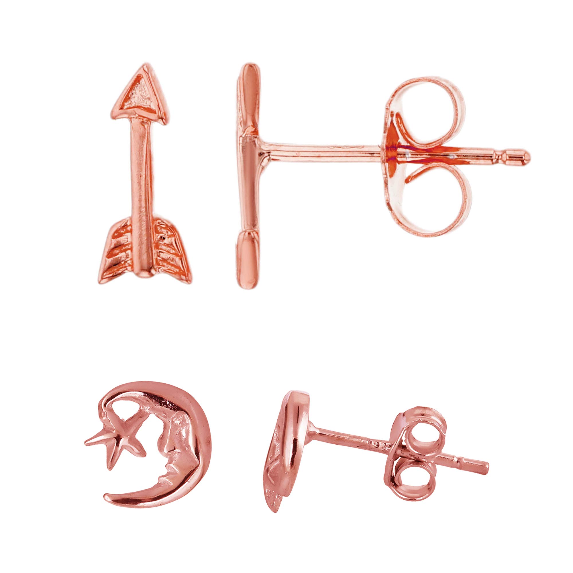 Sterling Silver Rose Moon Star Arrow Stud Earrings Set - Dainty Minimalist Jewelry for Women - Perfect for Everyday Wear, Gifts & Special Occasions