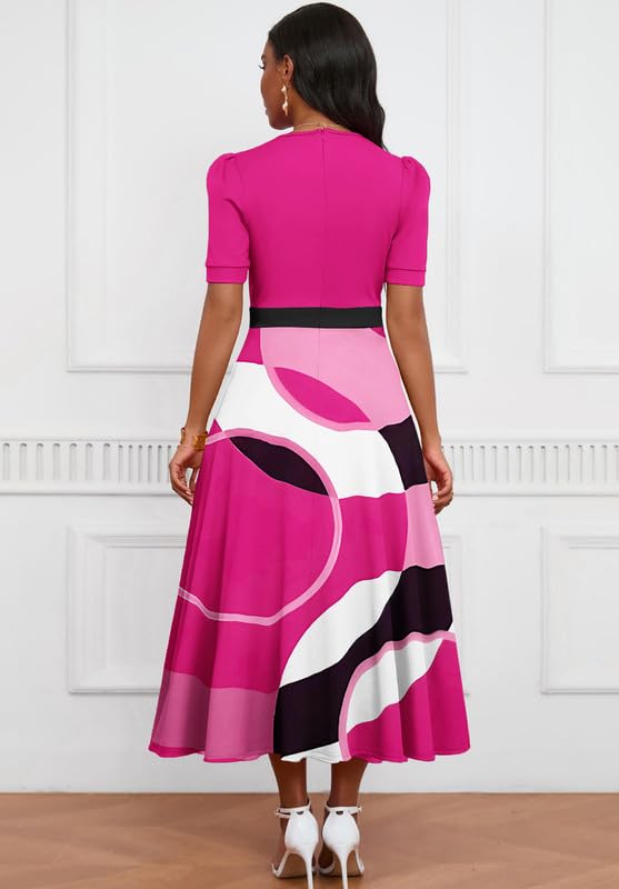 Women's Midi Dresses V-Neck A-Line Swing Dress - Elegant Cocktail, Church & Tea Party Attire - Short Sleeve Flowy Summer Dress for Weddings, Brunch & Office Wear
