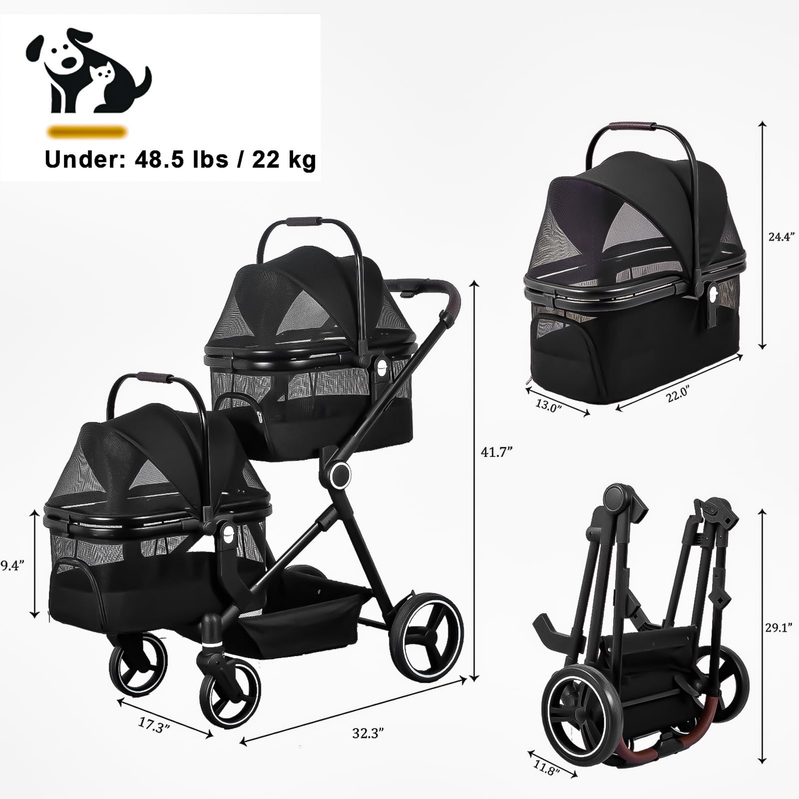 Foldable Double Pet Stroller for 2 Small & Medium Dogs & Cats - Lightweight Convertible Pet Carrier with Removable Basket | Perfect for Park Walks, Vet Visits & Traveling with Pets