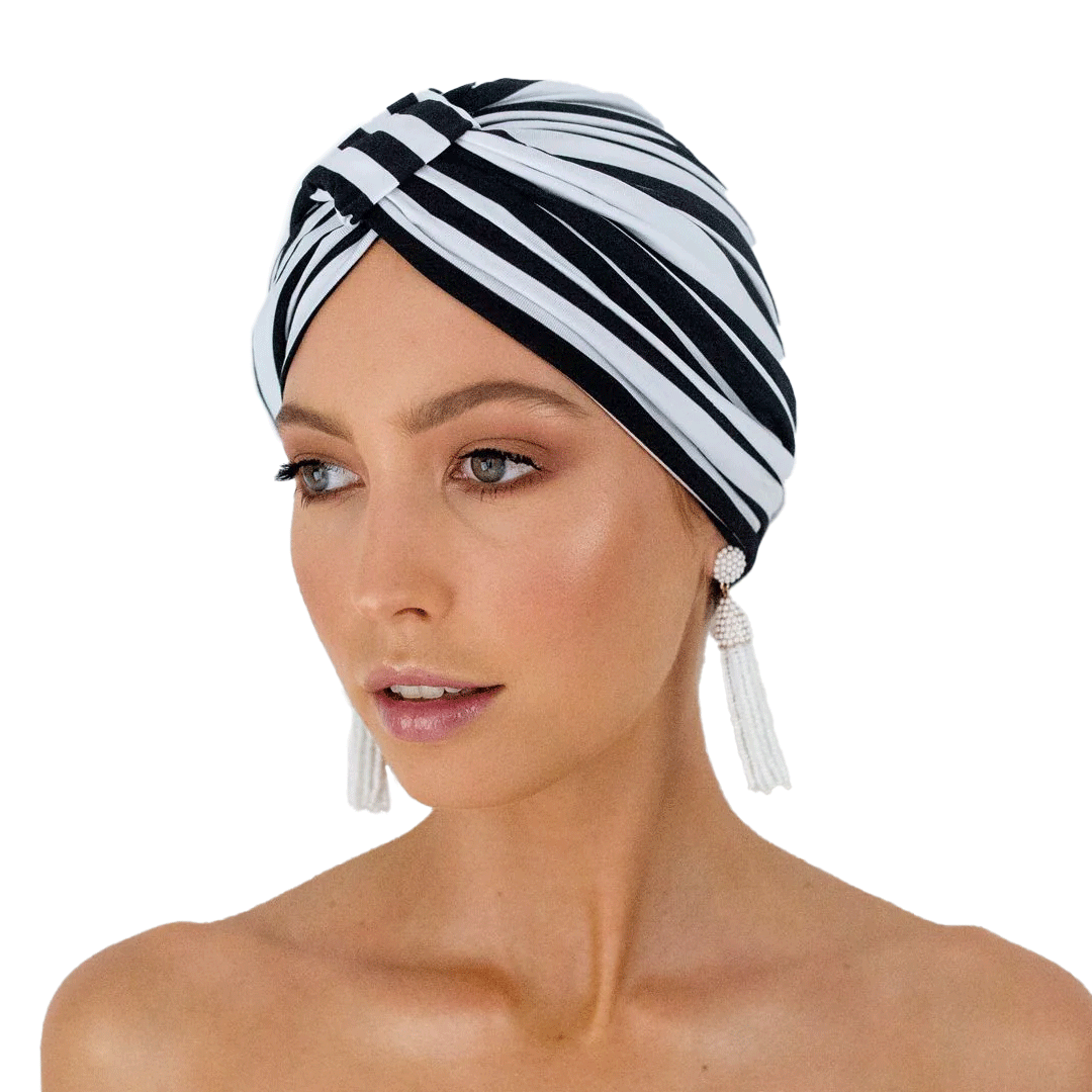 Louvelle Amelie Waterproof Shower Cap - Monochrome Striped Design for Women | Bath & Hair Protection for Swimming, Spa & Travel