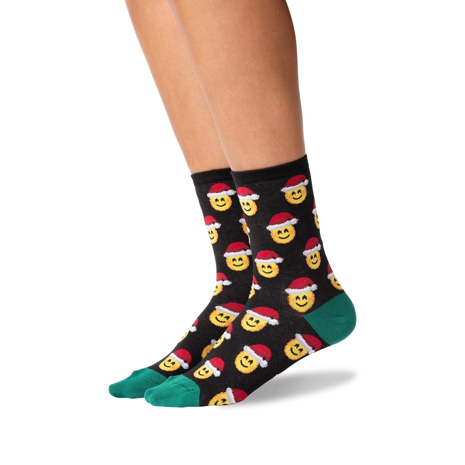 Hotsox Women's Santa Smile Emoji Socks - 1 Pair Black (Size 9-11) | Funny Christmas Novelty Socks for Holiday Gifts & Festive Outfits