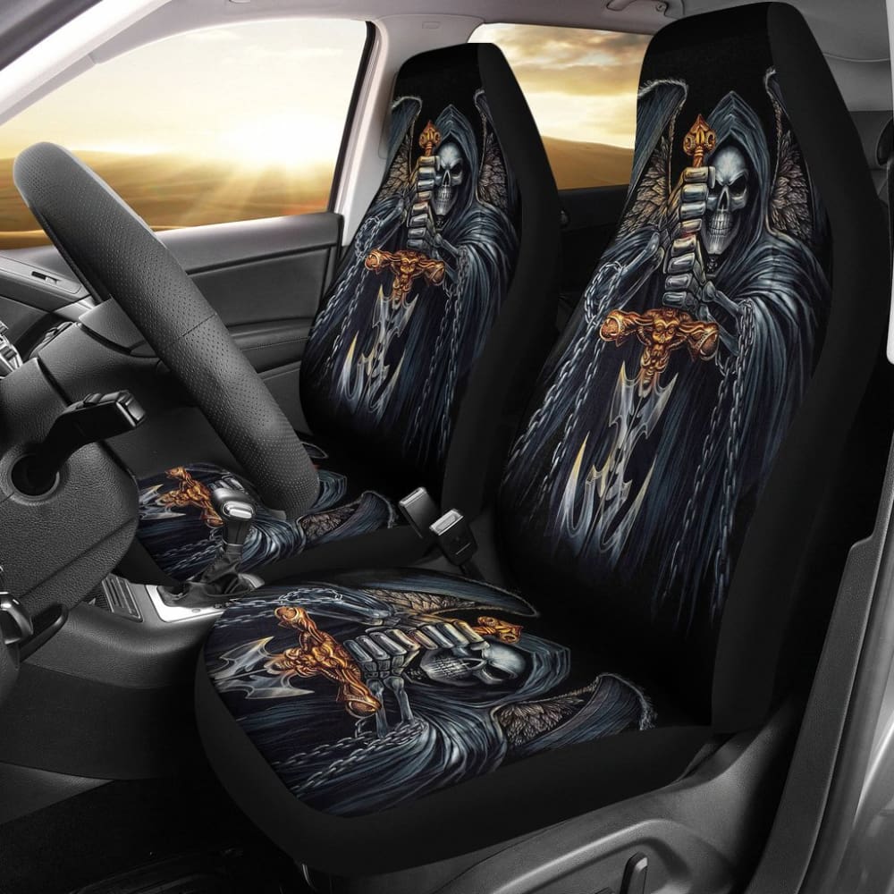 2 Pcs Gothic Skull Car Seat Covers - Universal Fit for Cars, Trucks & SUVs - Black Skull Pattern Design - Perfect for Halloween, Gothic Style & Car Enthusiasts