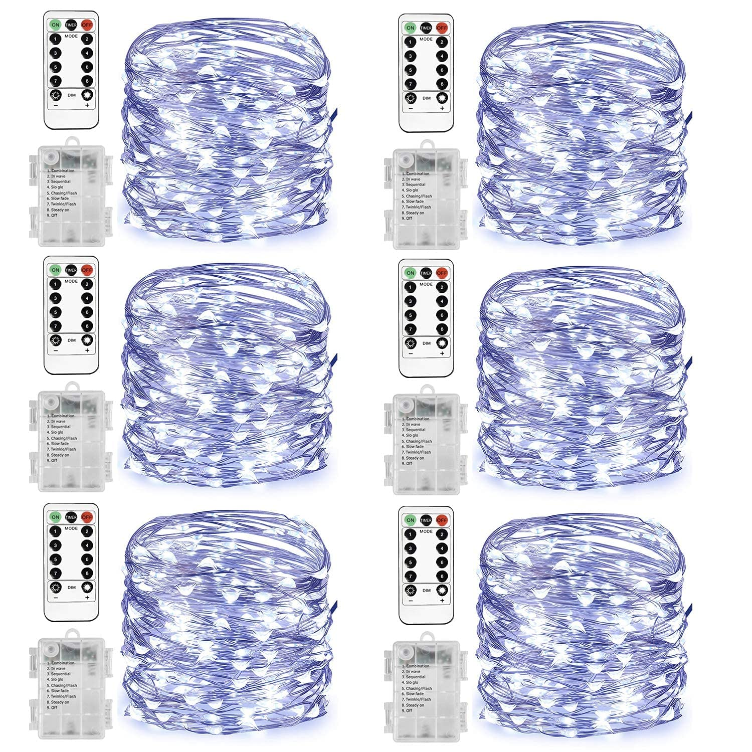 Homemory 6 Pack 20 Ft 60 LED Fairy Lights Battery Operated - Waterproof Christmas String Lights with Remote & 8 Lighting Modes - Cool White Twinkle Lights for Party, Bedroom, Wedding, Garden, and Outdoor Decorations