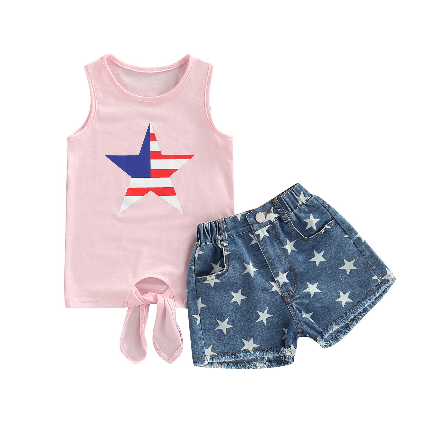 FOCUSNORM Toddler Girls Summer Outfits - Sleeveless Round Neck Star Print Tank Top & Shorts Set | Cute Playwear for Beach, Park & Outdoor Activities