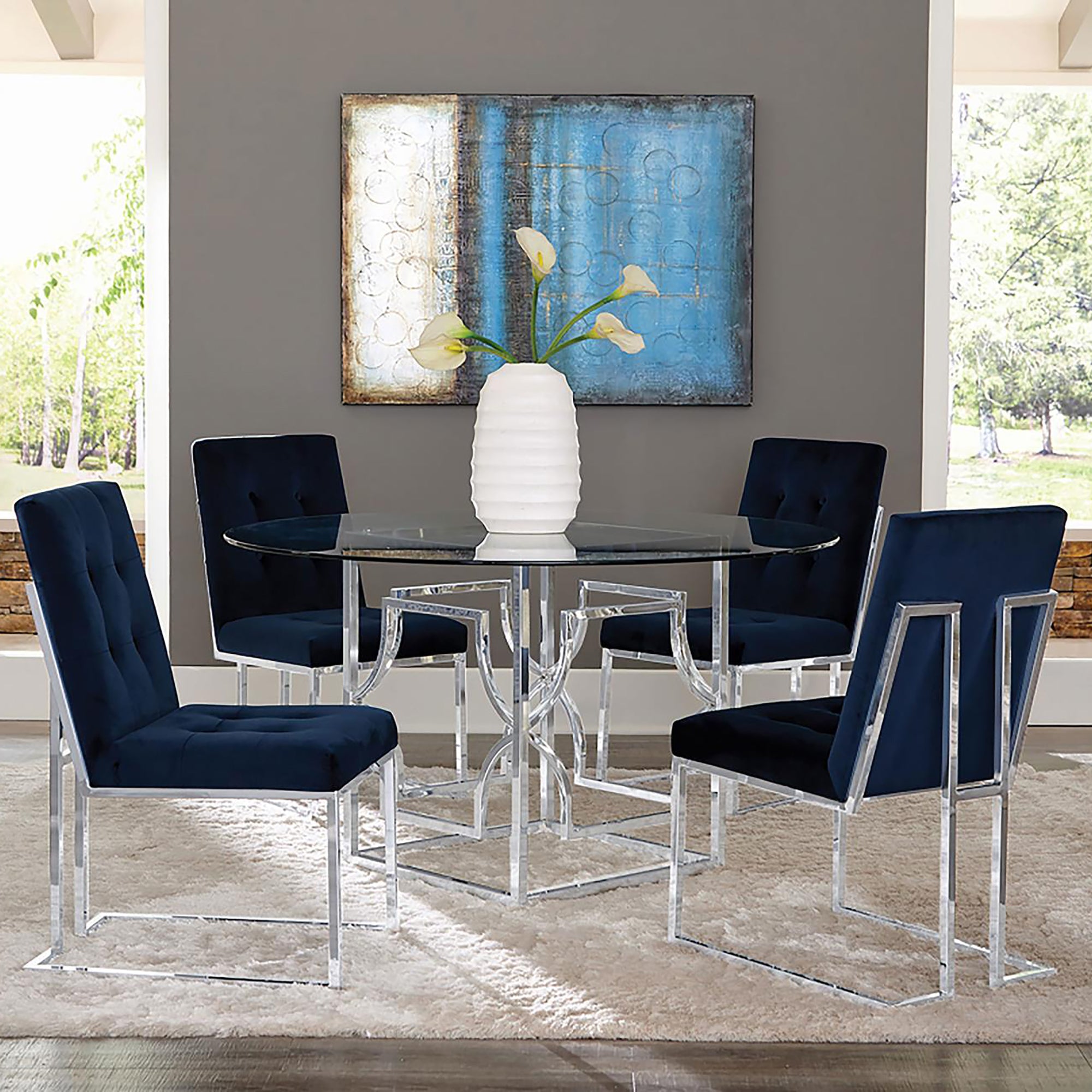 Blue and Chrome Tufted Back Dining Chairs (Set of 2) - Modern Upholstered Kitchen Chairs for Dining Room, Restaurant, or Office - Comfortable & Stylish Seating Solution