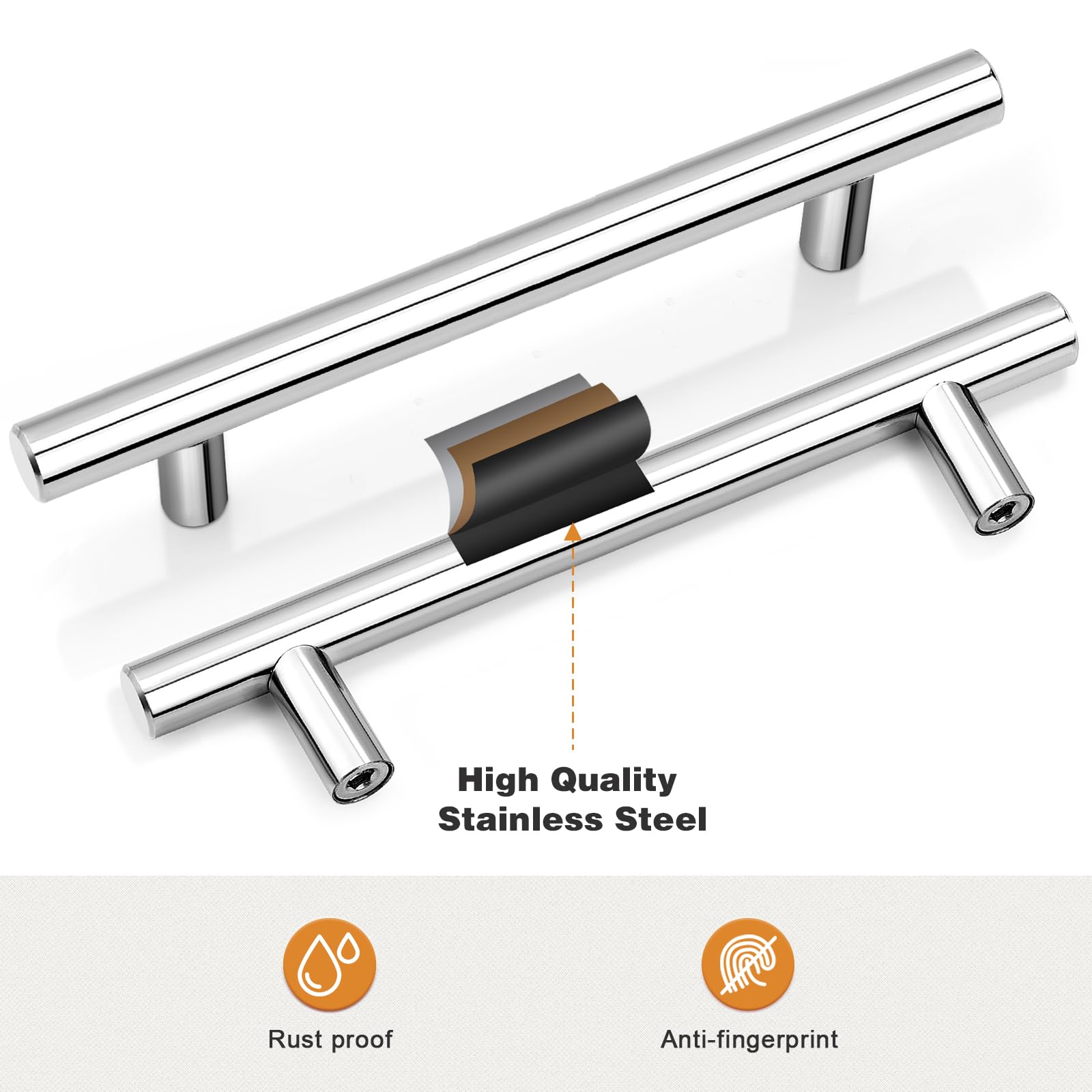 Probrico 30 Pack 5 Inch Drawer Pulls - Polished Chrome Cabinet Handles, Euro T-Bar Pulls for Kitchen Cabinets, Bathroom Vanity & Bedroom Dresser - Stainless Steel Hardware (7-9/16