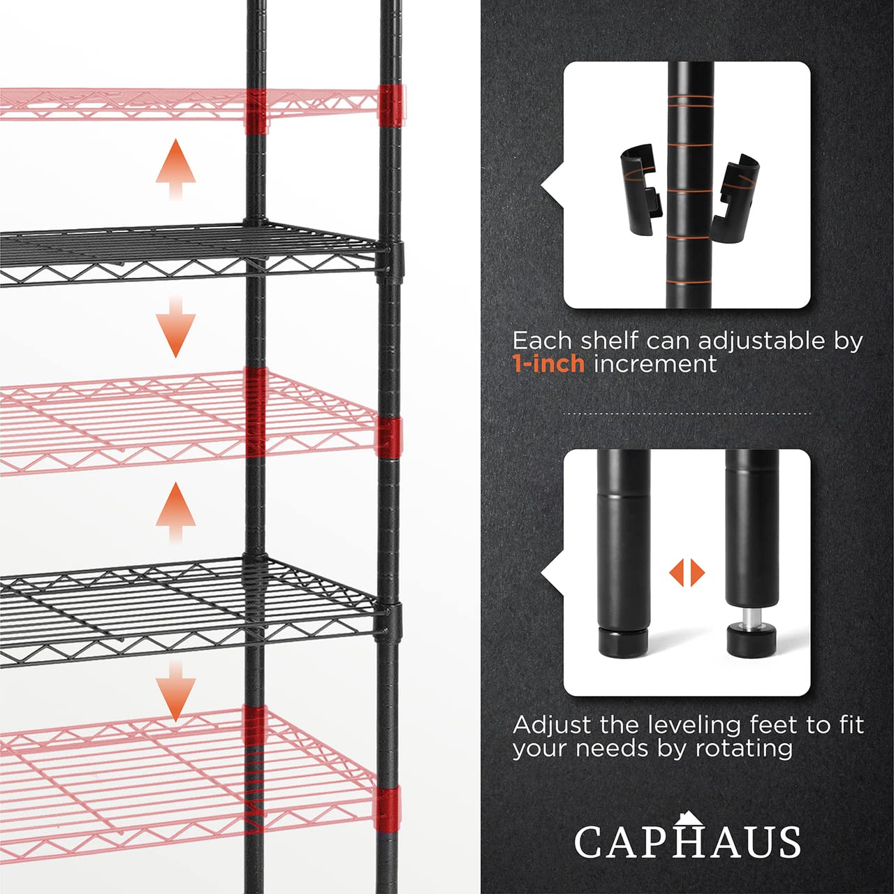 CAPHAUS 4-Tier Adjustable Height Wire Shelving Unit - Heavy Duty Metal Steel Storage Rack for Garage, Kitchen, Pantry & Closet Organization - Black Utility Shelf Without Wheels