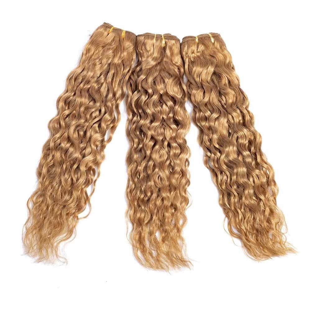 Brazilian Virgin Human Hair Extensions 3 Bundles 14 16 18 - Honey Blonde Water Wave Weave Bundles, Colored Wet & Wavy Curly Human Hair for Natural Look | Perfect for Daily Wear, Parties & Special Occasions