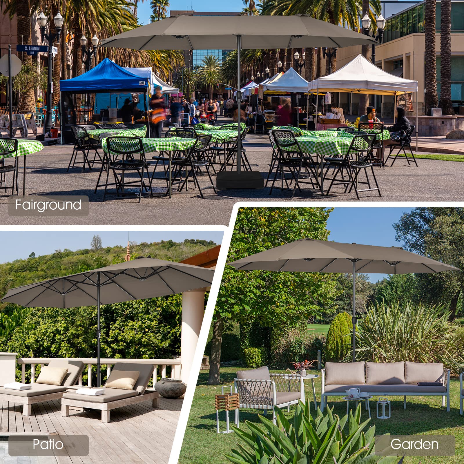 Tangkula 15Ft Double-Sided Patio Umbrella - Extra Large Outdoor Market Umbrella with Hand-Crank System & Air Vents, 12-Rib Sturdy Metal Frame for Poolside, Garden, Backyard, Beach, and Outdoor Dining (Brown) - Perfect for Shade in Hot Summer Days