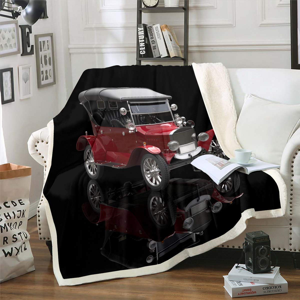 Feelyou Classic Car Sherpa Blanket - Vintage Auto Themed Plush Throw for Kids, Boys & Adults - 90