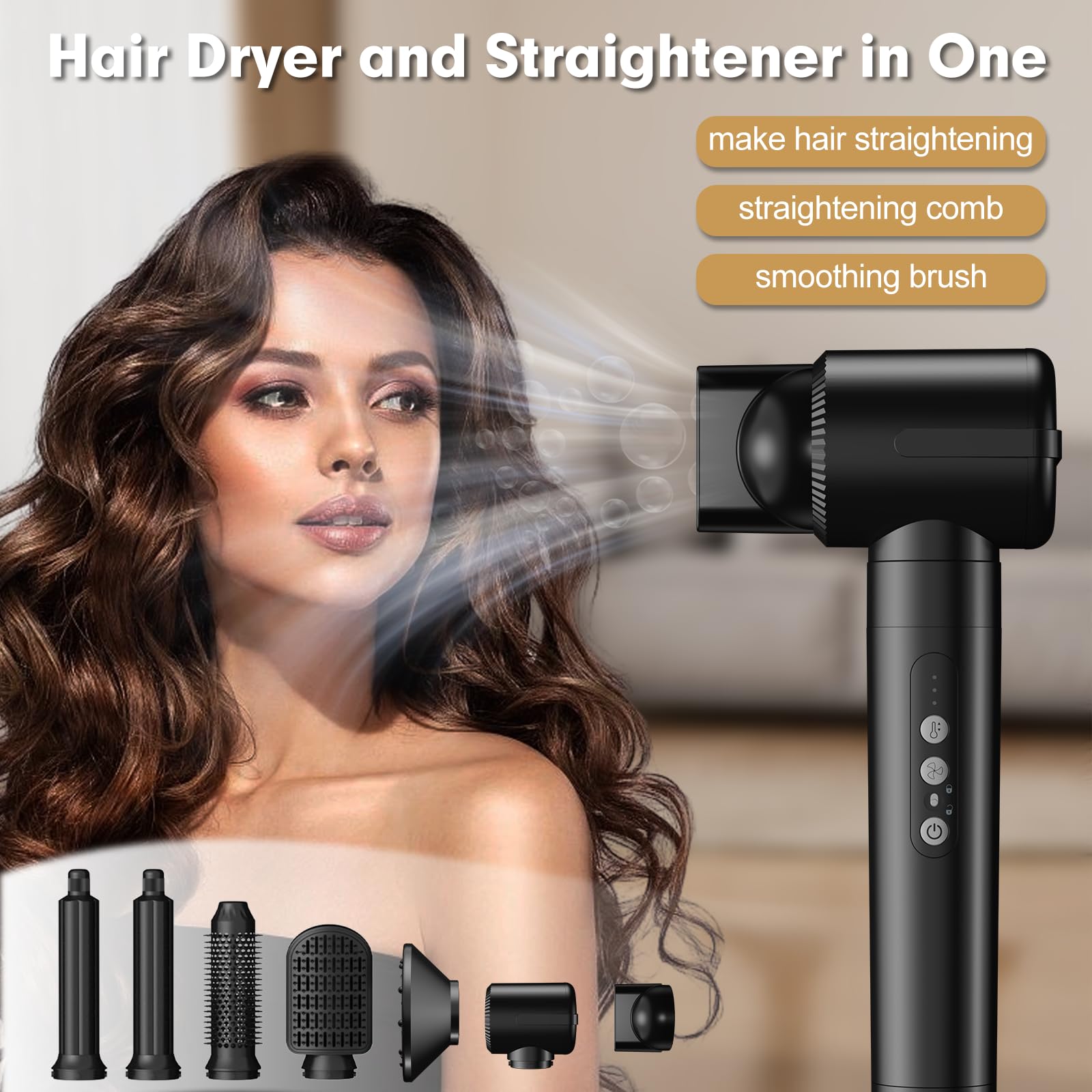 7 in 1 Hair Dryer Brush - 110,000 RPM High-Speed Blow Dryer with Curling Wand & Straightening Brush | Includes Diffuser & Concentrator Nozzles for Volumizing Styling | Perfect for Salon-Quality Blowouts at Home, Travel & Daily Hair Care