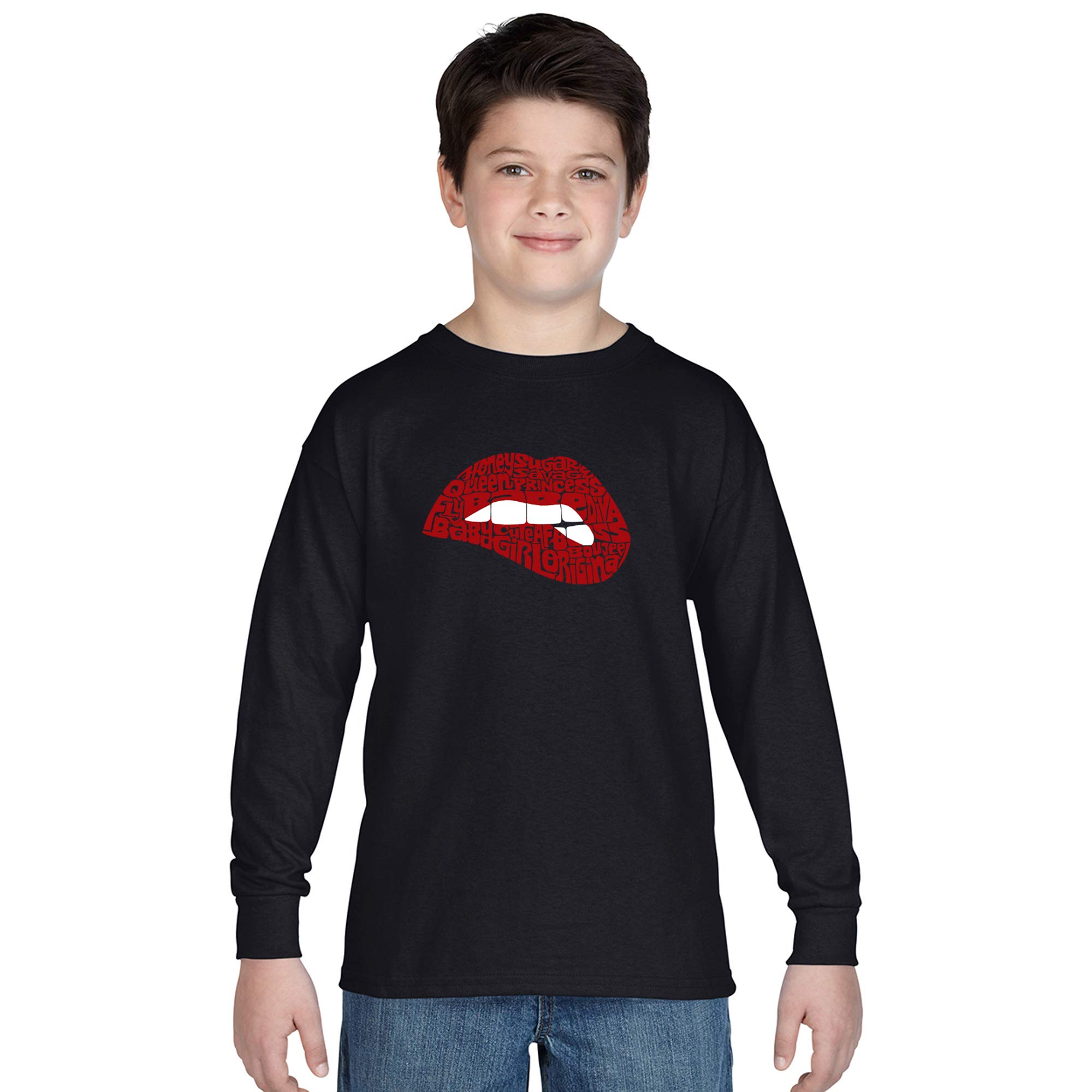 LA POP ART Boys' Word Art Long Sleeve T-Shirt - Savage Lips Design | Trendy Graphic Tee for Teens & Kids | Perfect for School, Parties & Casual Wear