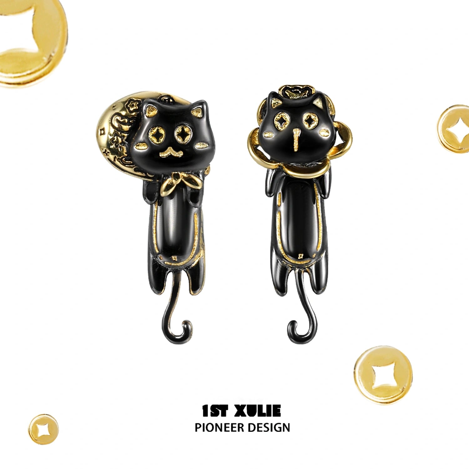 18K Gold Plated Black Lucky Cat Stud Earrings - Japanese Maneki Neko Charm Earrings for Women, Perfect Gift for Cat Lovers & Fashion Jewelry for Daily Wear, Parties & Special Occasions