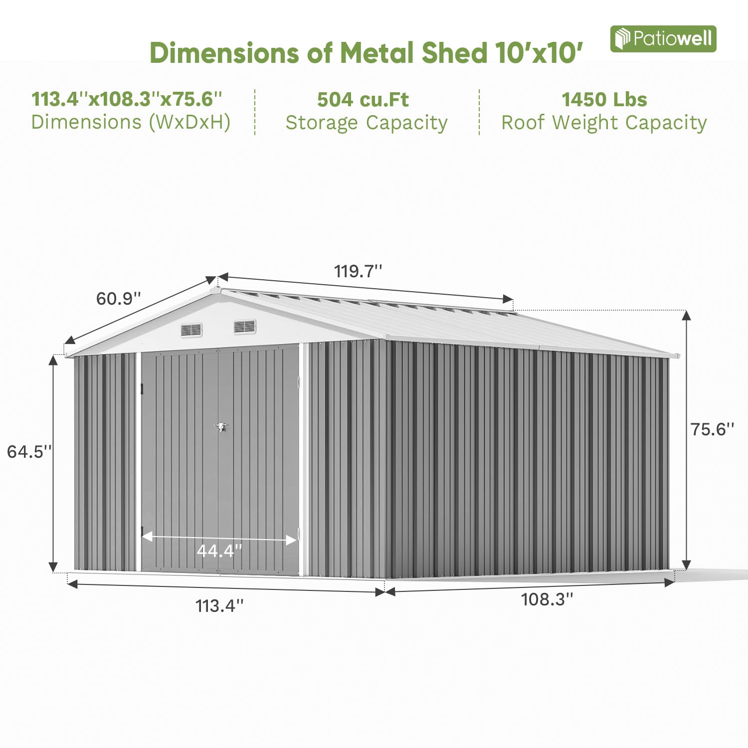 Patiowell 10x10 Feet Metal Storage Shed - Heavy Duty Steel Outdoor Utility Shed with Lockable Doors for Garden Tools, Lawn Equipment & Backyard Organization (Grey) - Perfect for Patio, Yard & Garage Storage Solutions