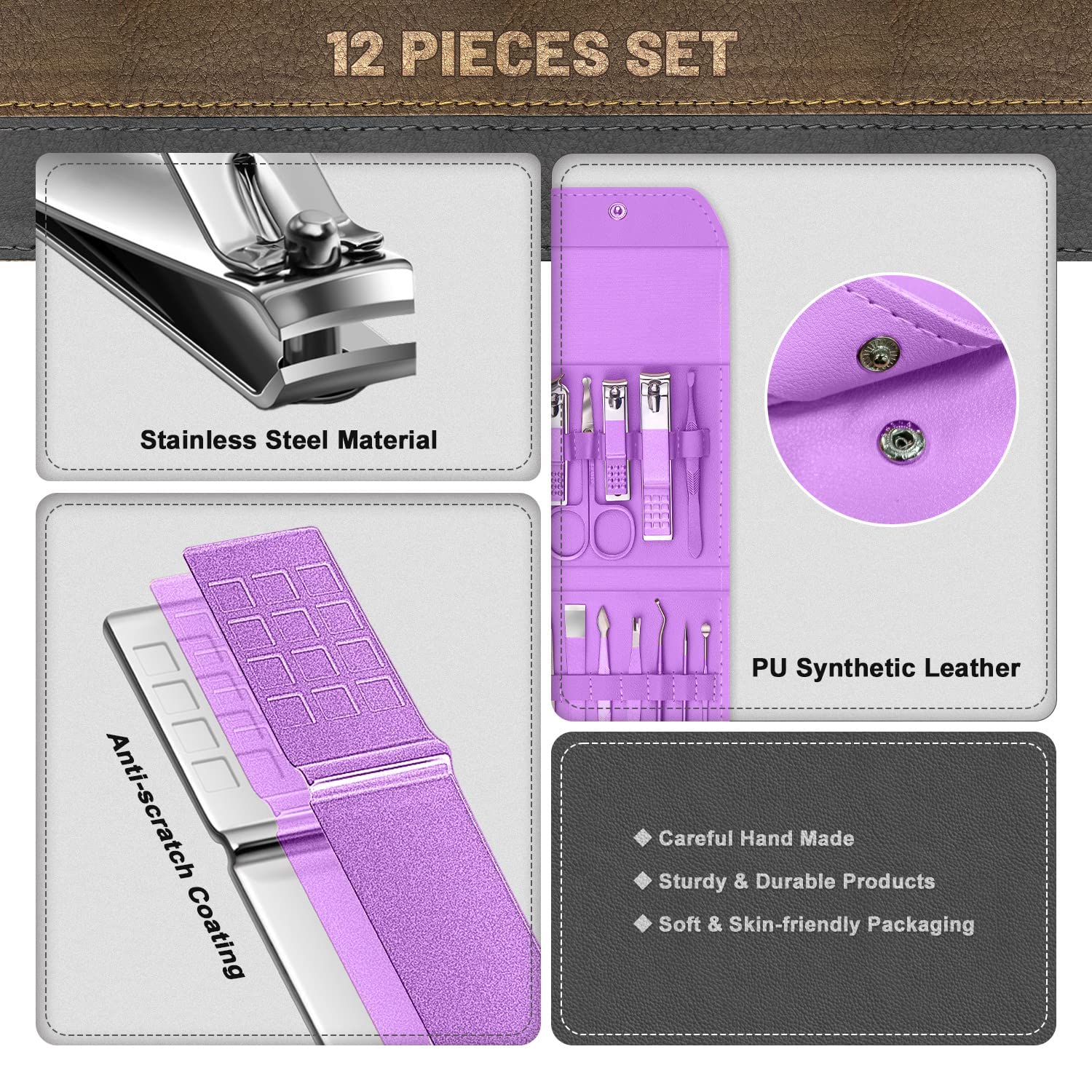Zabb KAMIKAZE 12-Piece Professional Manicure & Pedicure Kit - Stainless Steel Nail Tools Set with Folding Bag (Purple) | Portable Nail Care Kit for Home, Salon & Travel