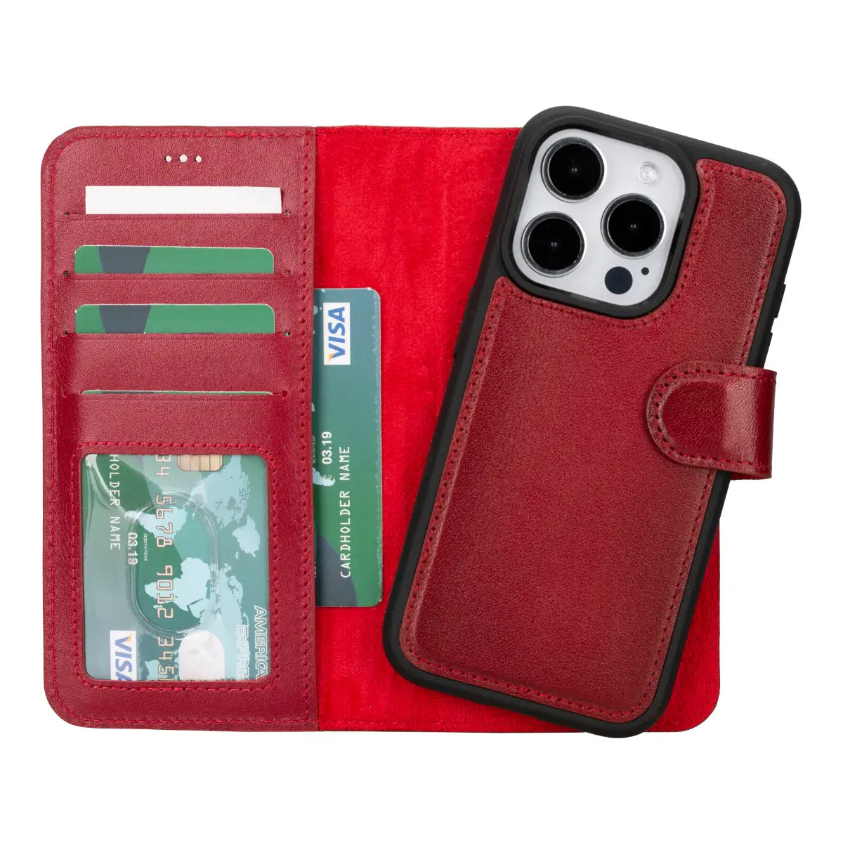 Premium Burnished Red Leather Wallet Case for iPhone 15 Pro - Slim Protective Cover with Card Slots | Perfect for Everyday Use, Travel & Business Meetings