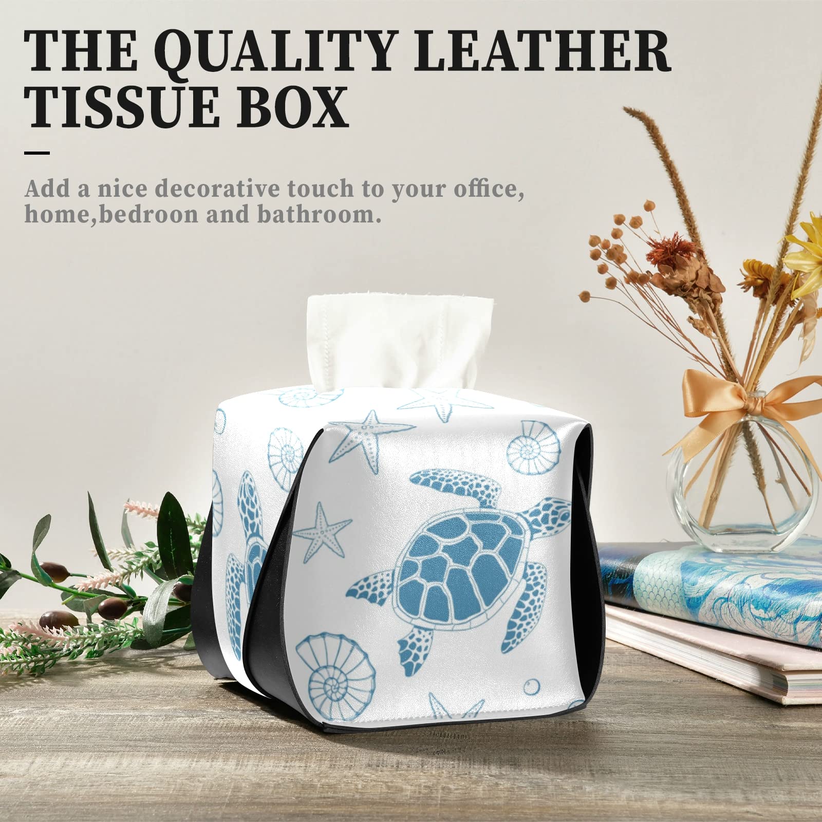 Blue Sea Turtle Starfish Ocean-Themed Leather Tissue Box Cover with Handle - Waterproof Bathroom Vanity Decor for Home, Office, Car (5.7x5.7x5.7 in) | Perfect for Coastal Beach House Decor & Nautical Gift Ideas