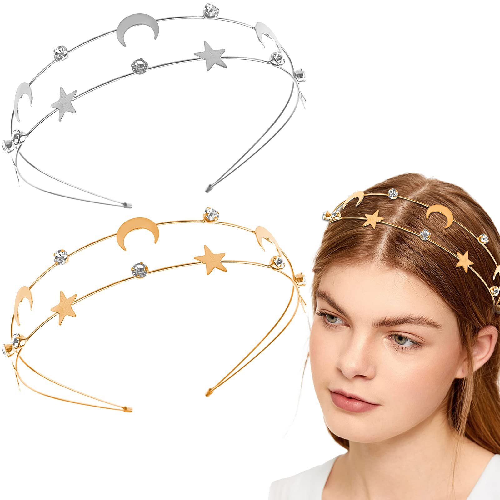 **Aswewamt 2-Piece Alloy Moon and Five-Pointed Star Headbands – Elegant Bridal Hair Hoops for Women & Girls – Perfect for Weddings, Parties, and Boho Styling**