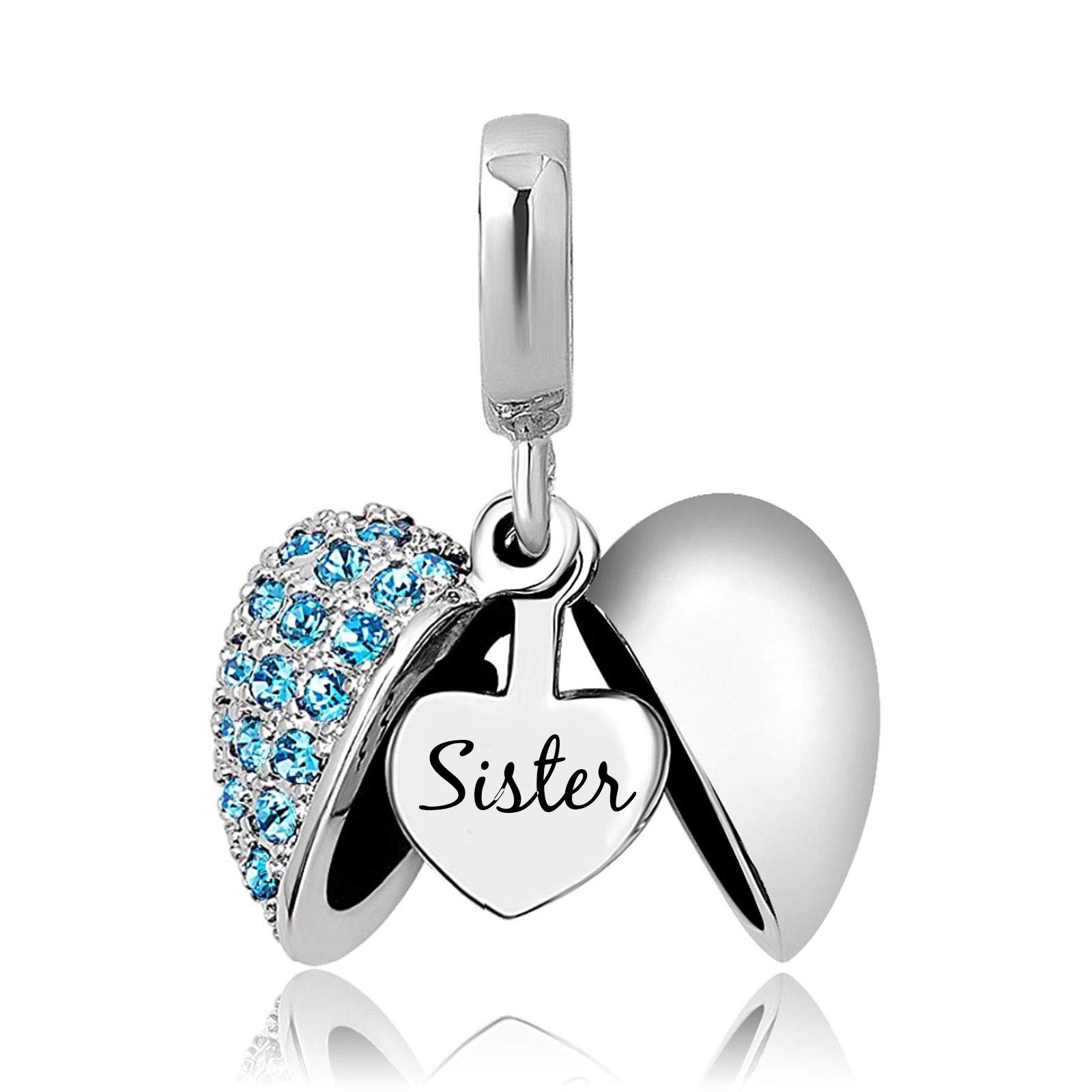 KunBead Sister I Love You Heart Birthstone Dangle Charms - Sterling Silver Jewelry for Bracelets & Necklaces - Meaningful Birthday Gift for Women, Sisters, Girlfriends - Perfect for Anniversaries, Valentine's Day & Special Occasions