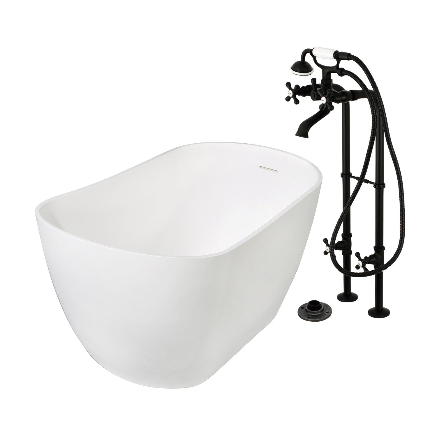Arcticstone 51 Inch Freestanding Oval Bathtub with Matte Black Faucet Combo - Solid Surface Slipper Tub for Modern Bathroom Luxury & Relaxation