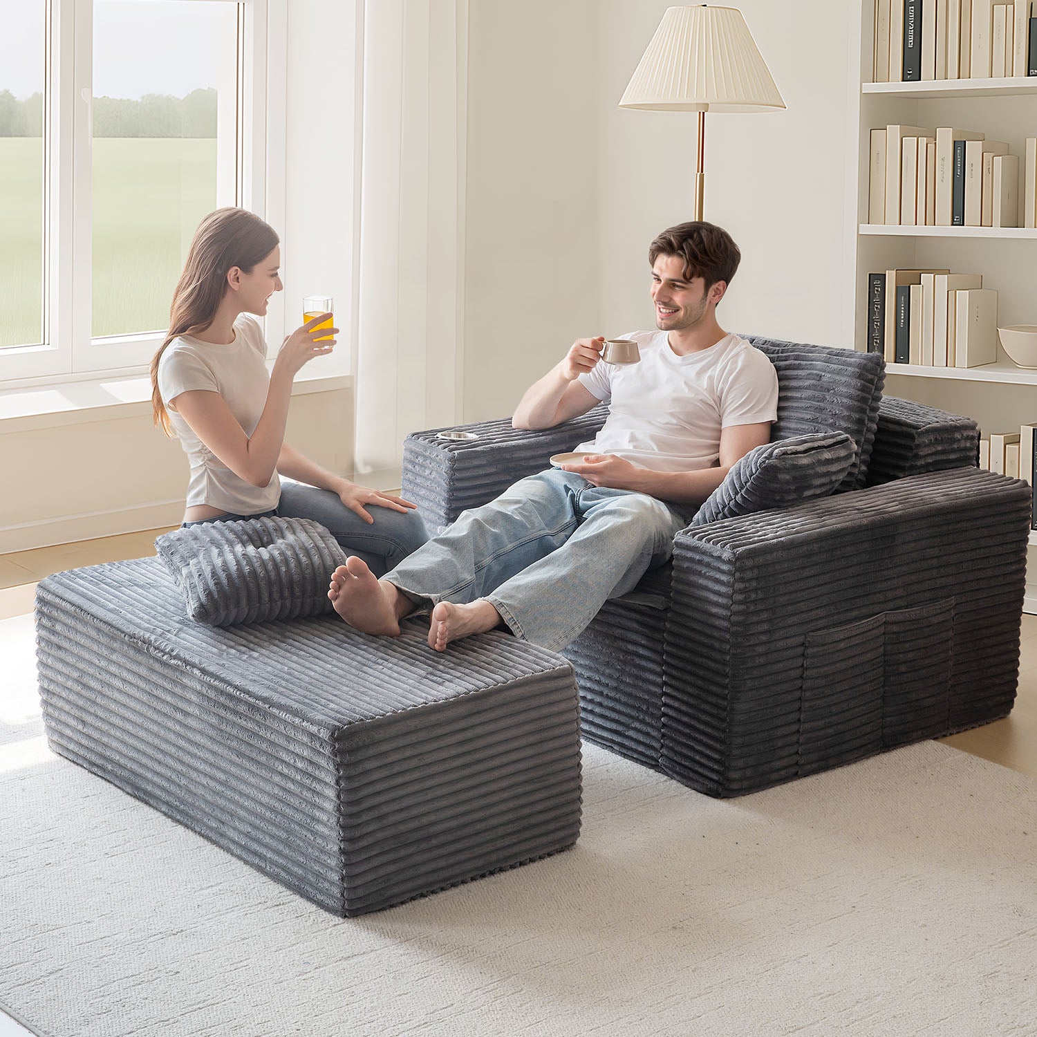 MAXYOYO 65x49 Oversized Chaise Lounge Sofa - Ultra Comfortable Cloud Couch with 3 Pillows, Dark Grey - Perfect for Living Room, Bedroom & Home Office Relaxation