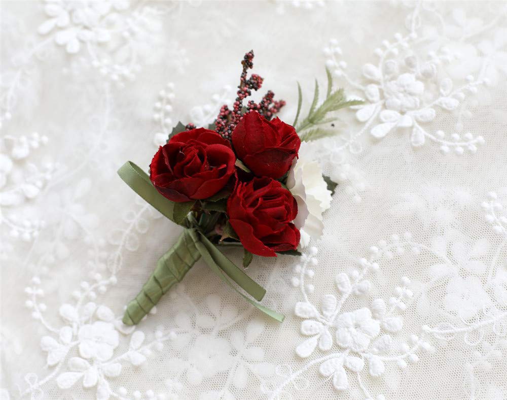 Artificial Rose Boutonniere & Corsage Set - Wedding, Prom, Party Suit Decoration - Realistic Groom Flower Brooch - Pack of 2 Red Roses - Perfect for Weddings, Proms, Formals & Special Occasions